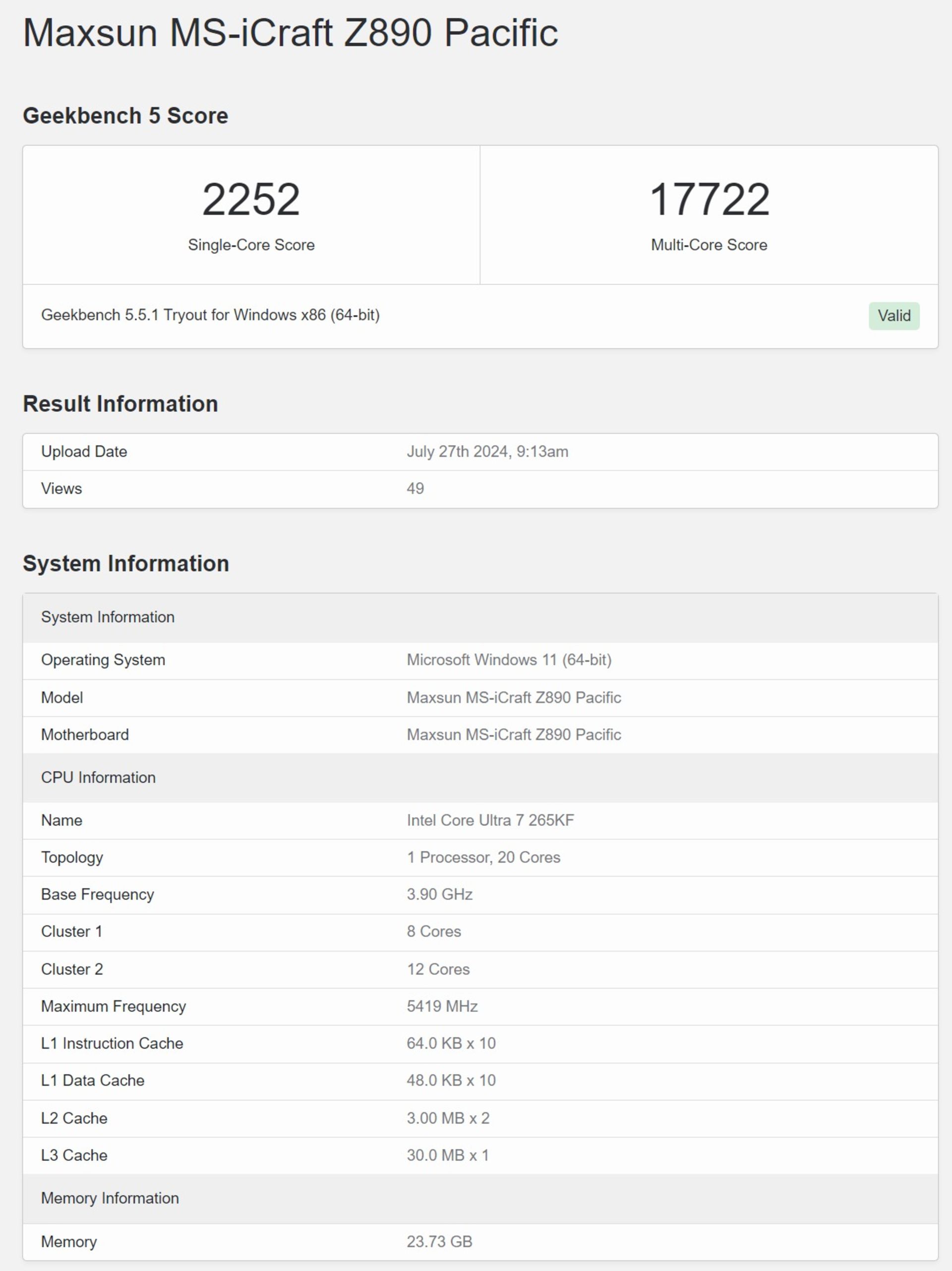 بنچمارک پردازنده core ultra 265kf