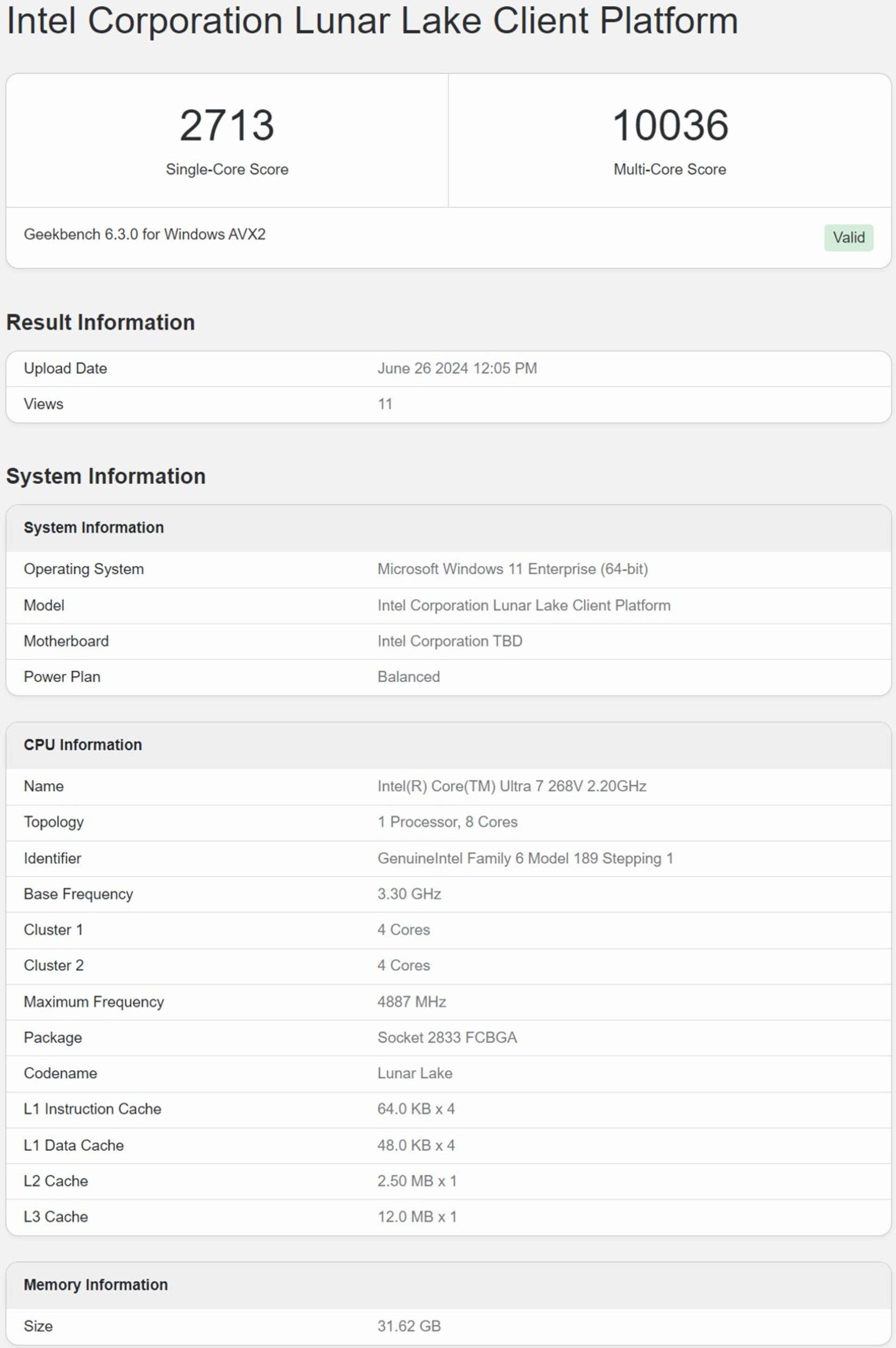 امتیاز تراشه Intel Core Ultra 7 268V در Geekbench