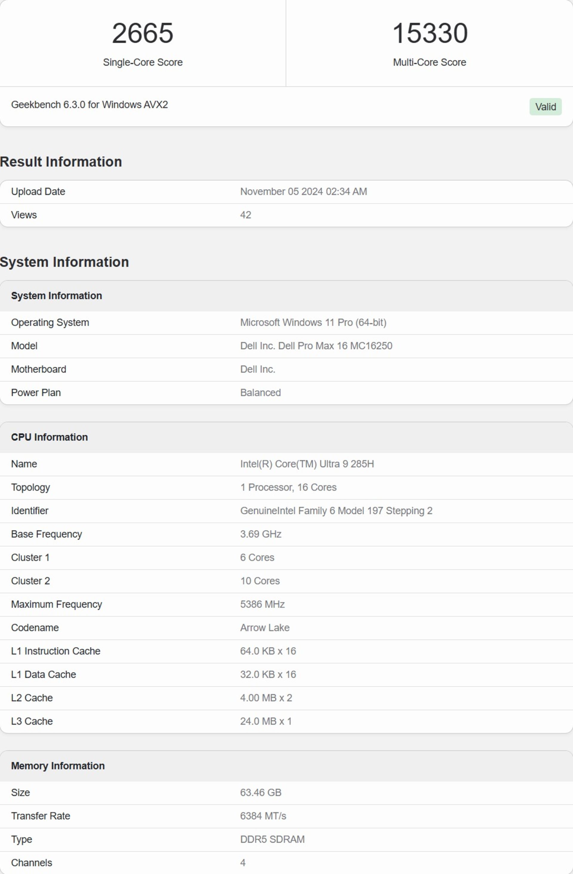 بنچمارک Core Ultra 9 285H اینتل در گیک بنچ