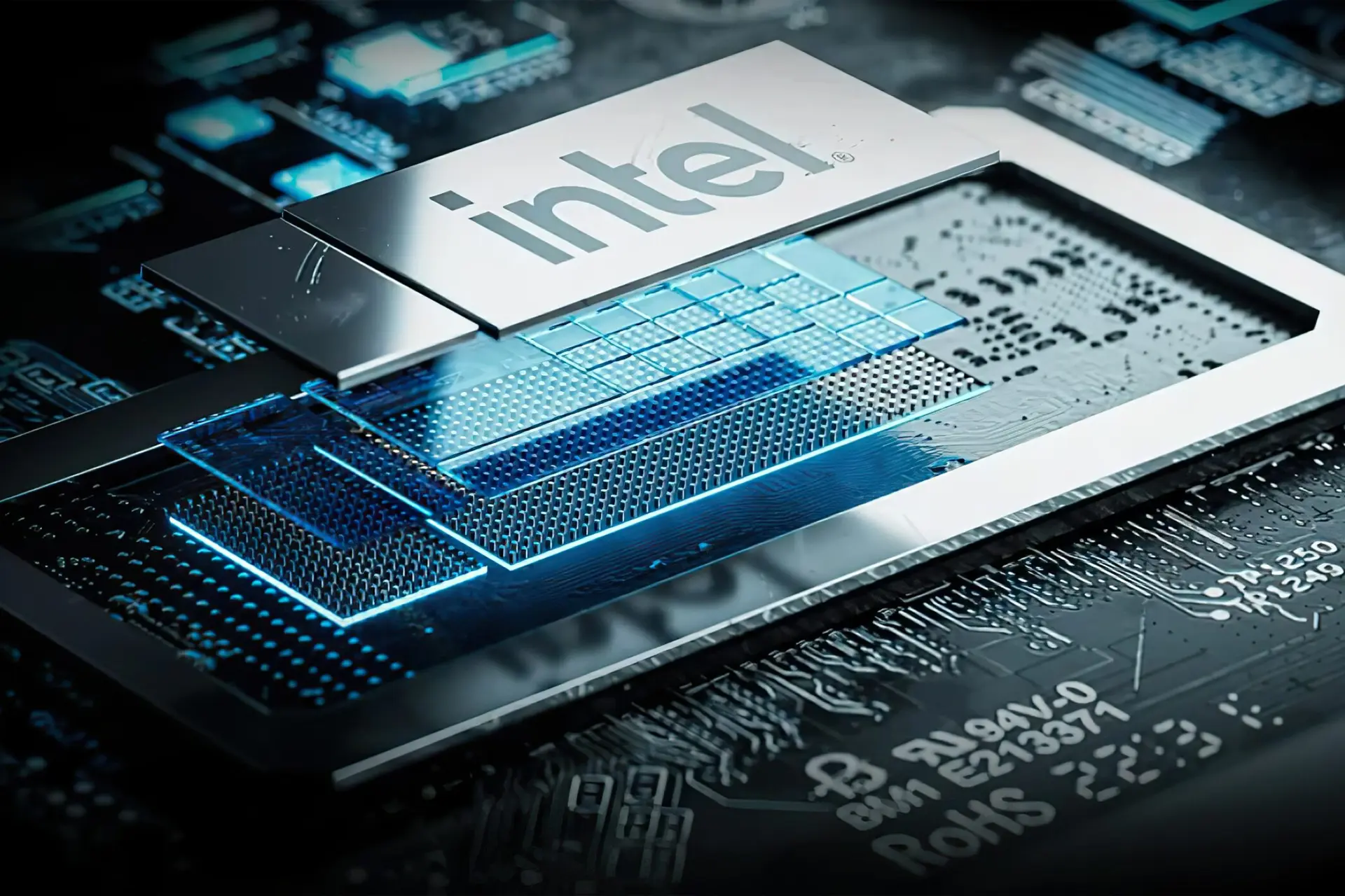 مرجع متخصصين ايران لوگو اينتل Intel روي پردازنده تراشه لپ تاپ نماي نزديك آبي