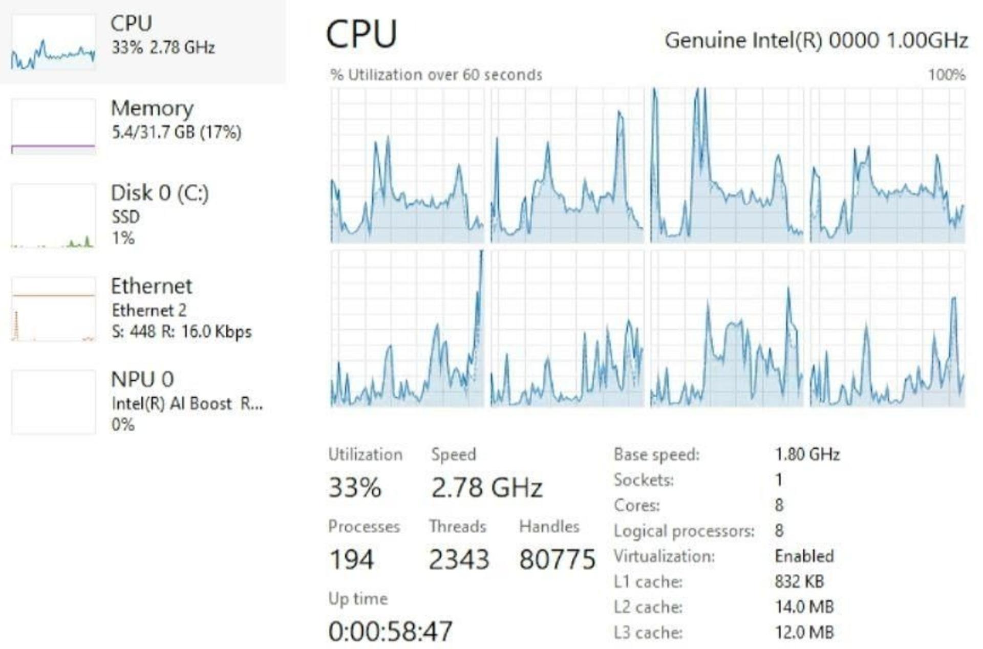 اسکرین‌شات از مشخصات پردازنده‌ی Lunar Lake در Task Manager ویندوز