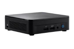 نمای کلی کامپیوتر کوچک NUC 12 Pro Kit SK اینتل و نمایش درگاه‌های جلوی دستگاه و قفل امنیتی پنل سمت چپ