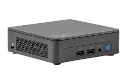 نمای نیمرخ کامپیوتر کوچک NUC 13 Pro اینتل با نمایش درگاه های پنل جلو و منافذ عبور هوای پنل سمت چپ