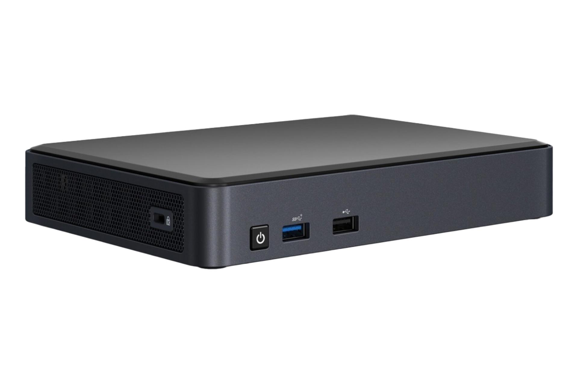نمای نیمرخ کامپیوتر کوچک NUC Pro Chassis Element CMCM2FB اینتل با نمایش پنل جلو، بالا و سمت چپ