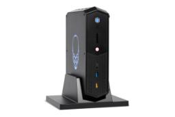 نمای کلی کامپیوتر کوچک NUC 12 Enthusiast Kit اینتل و نمایش حالت ایستاده و درگاه‌های پنل جلو