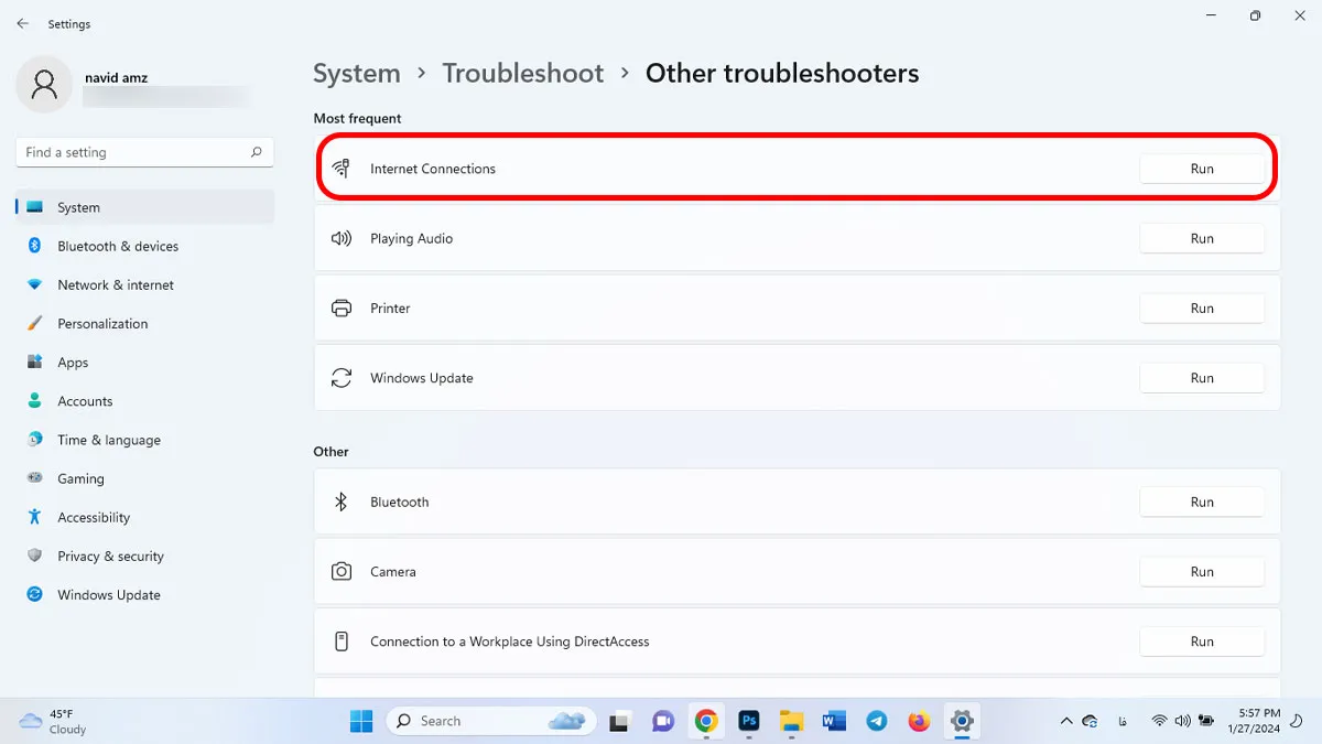 ران کردن عیب یاب اتصال به اینترنت (internet connection troubleshooter run)