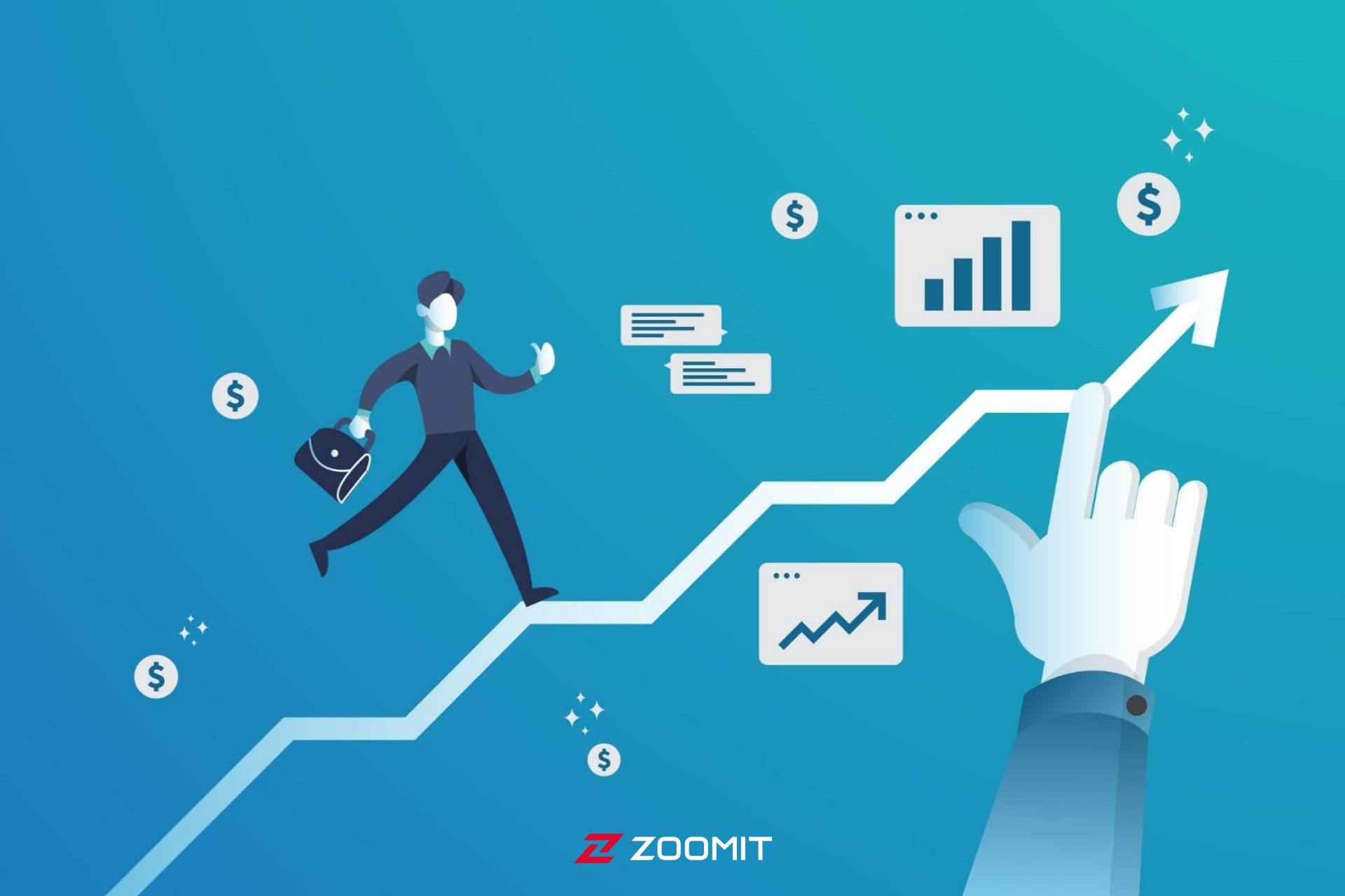 مرد کارتونی درحال بالارفتن از نمودار سرمایه گذاری با چارت
