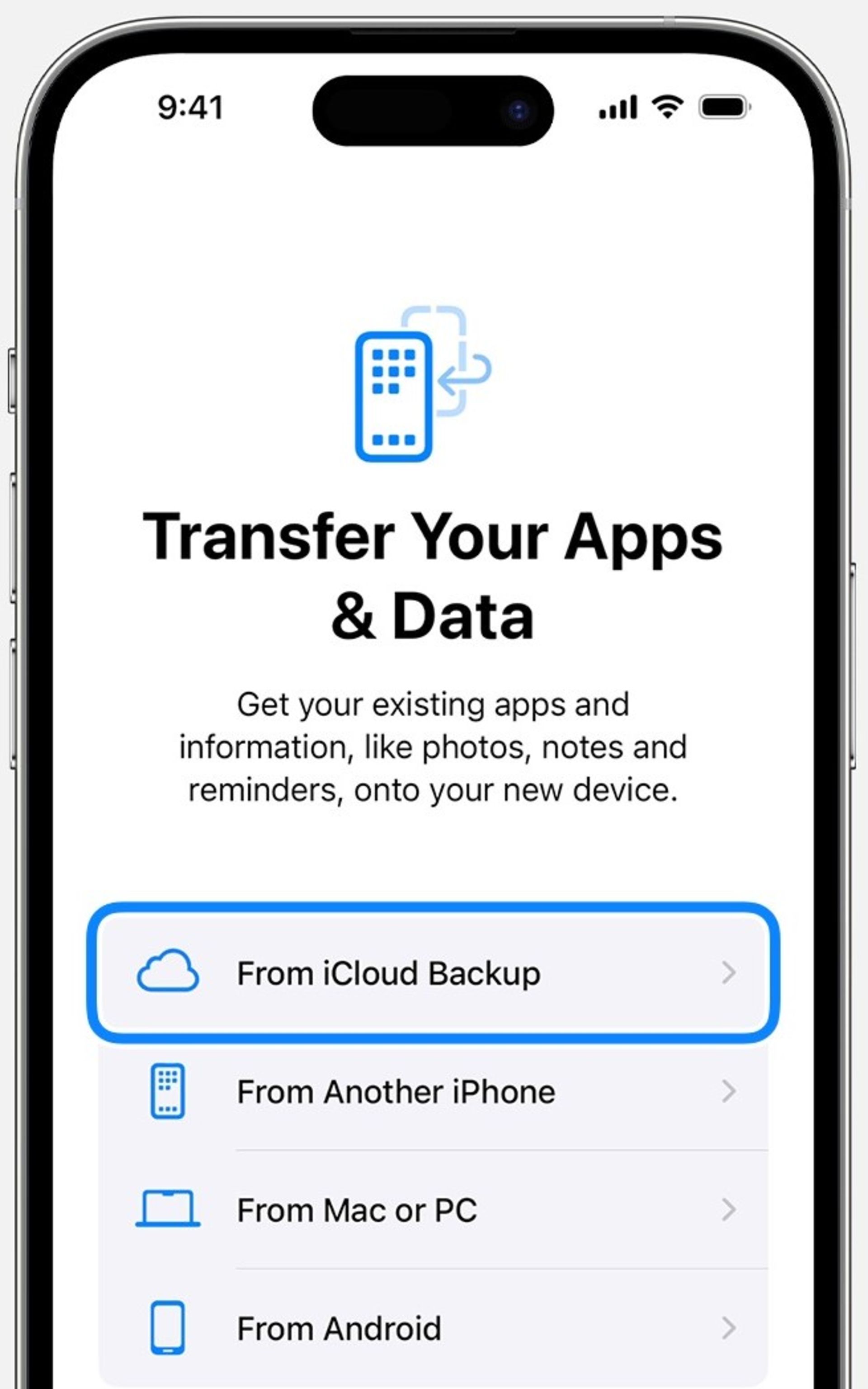 صفحه Transfer Your Apps & Data در گوشی آیفون ۱۴ پرو