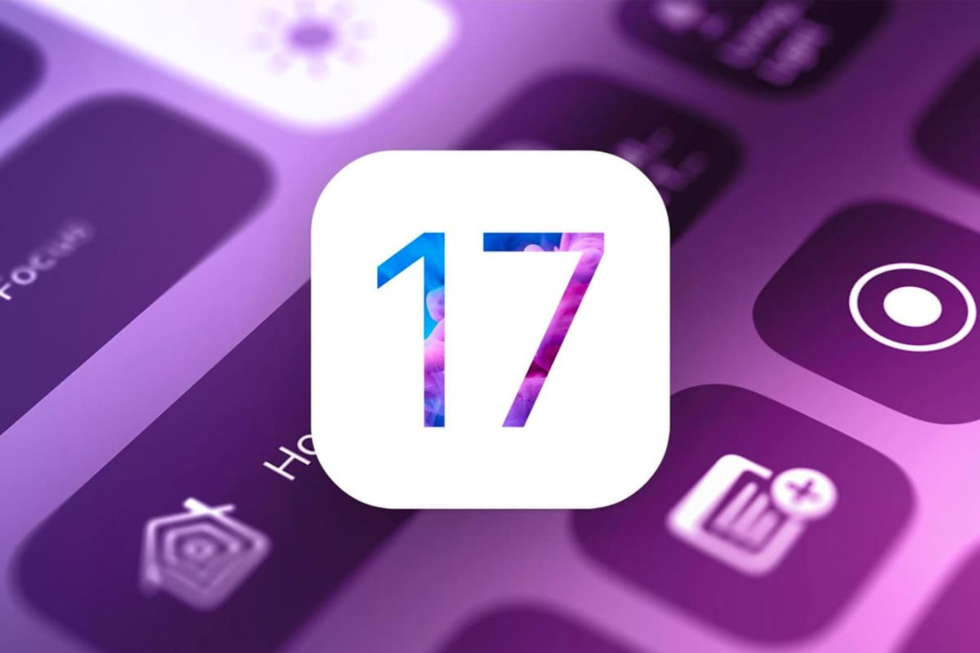 لوگو iOS 17 اپل روی کنترل سنتر آیفون بنفش