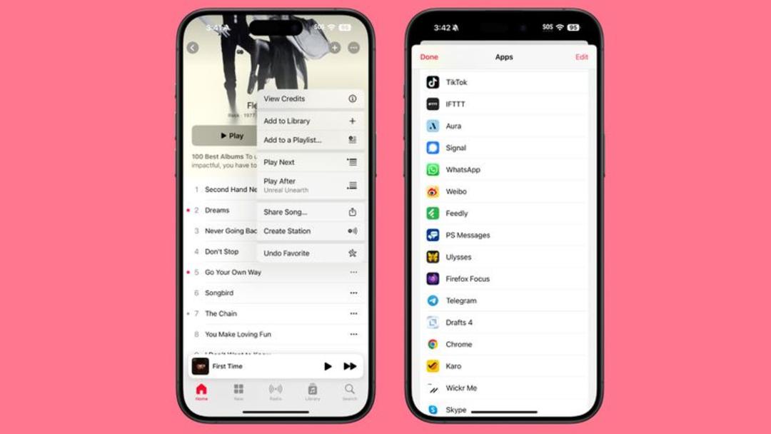 اسکرین شات دو گوشی آیفون اشتراک گذاری اپل موزیک تیک تاک آپدیت ios 18.1