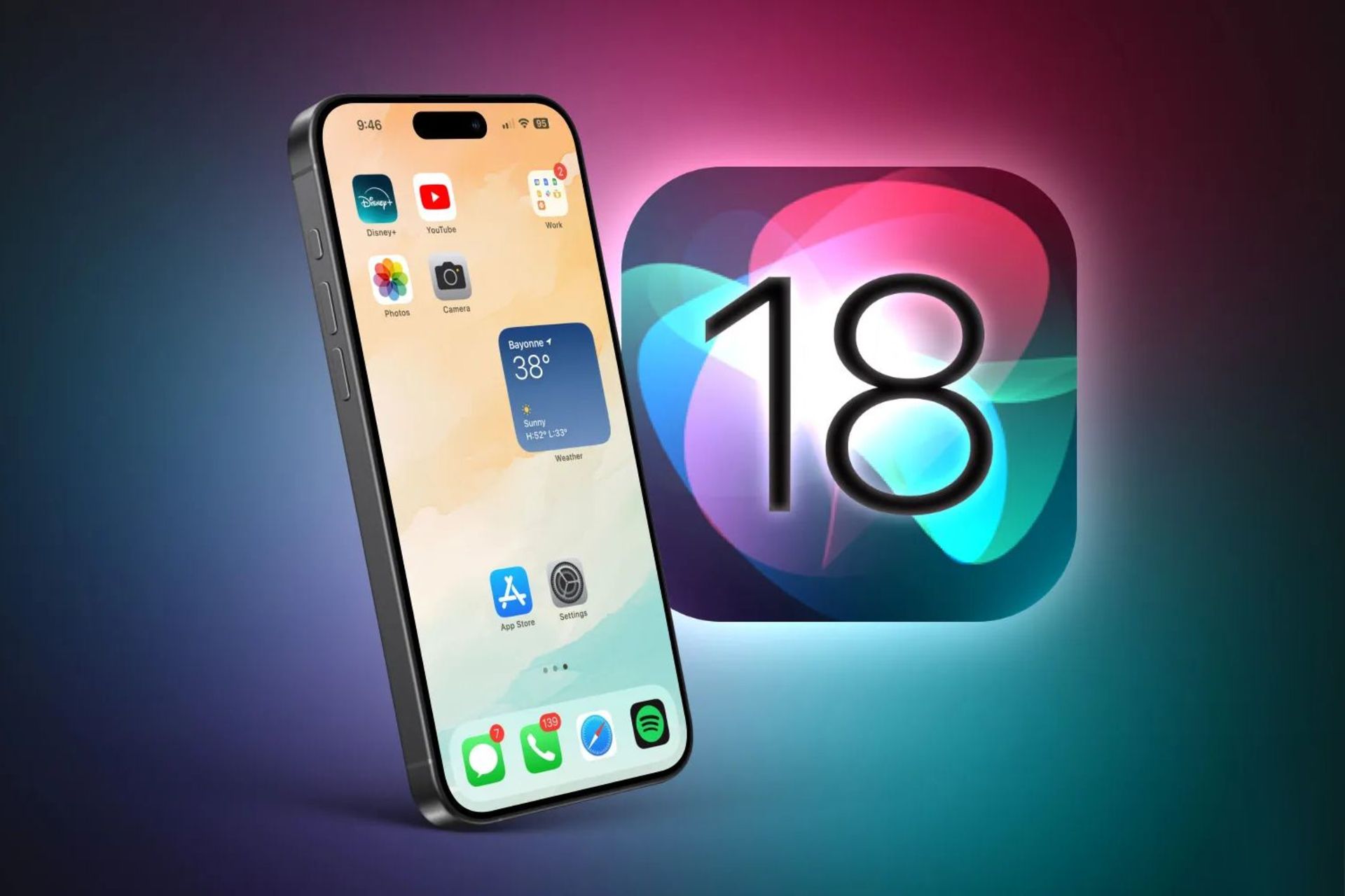 نماد ios 18 درکنار رندر گوشی آیفون