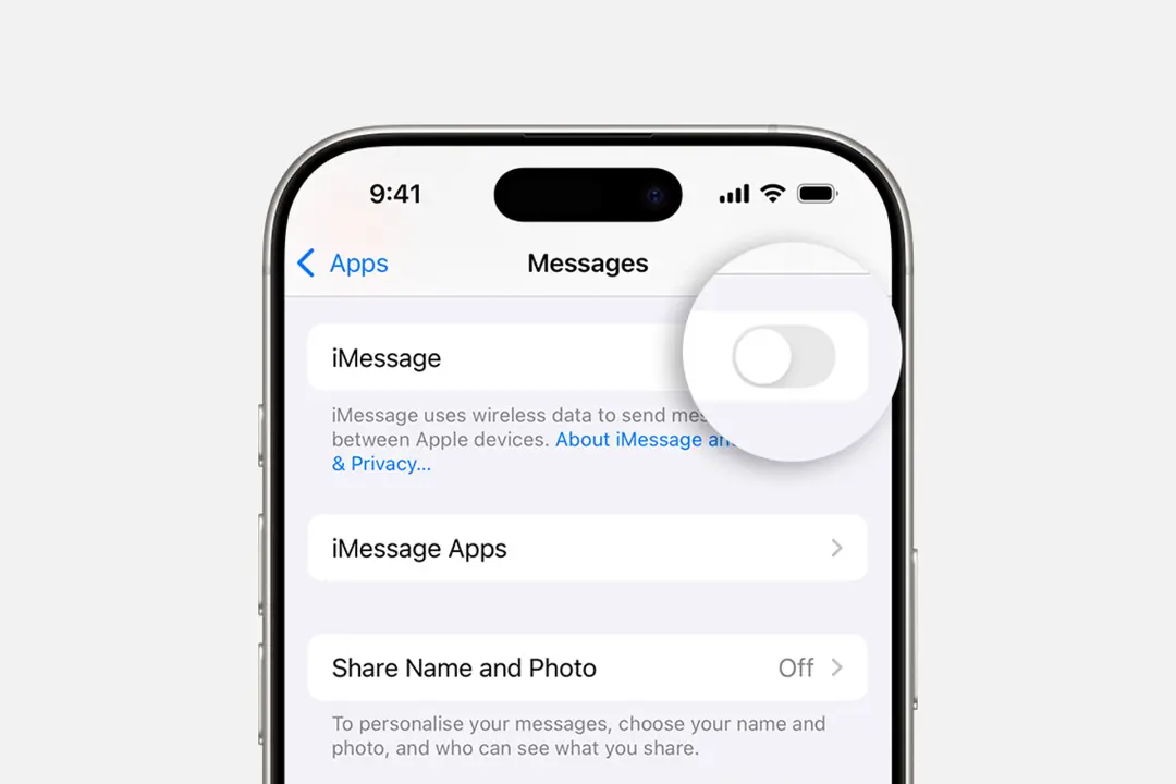 گزینه‌ی خاموش کردن iMessage در تنظیمات آیفون