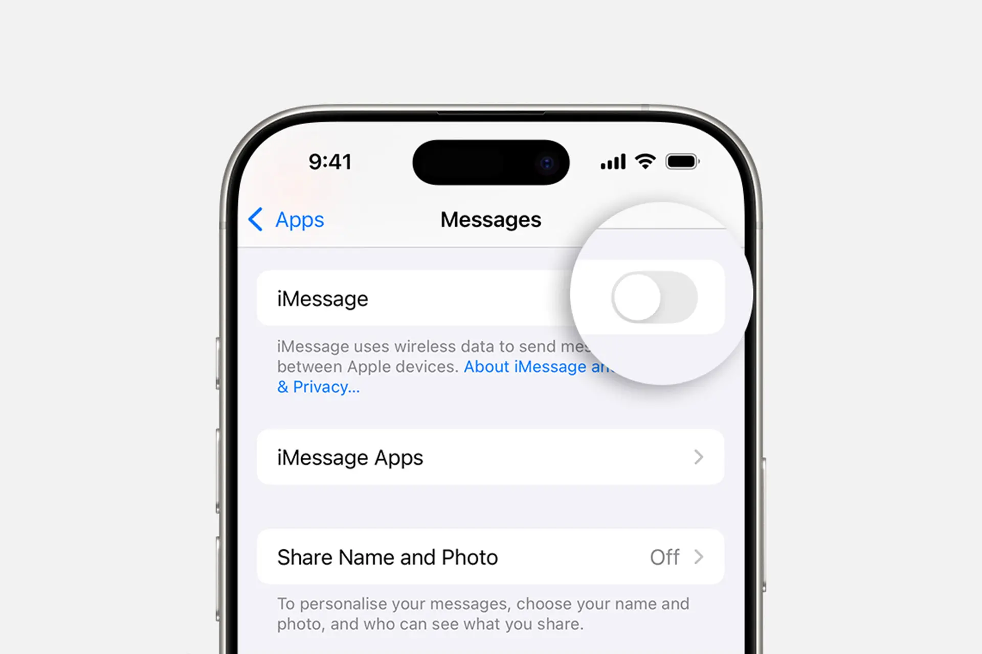 گزینه‌ی خاموش کردن iMessage در تنظیمات آیفون