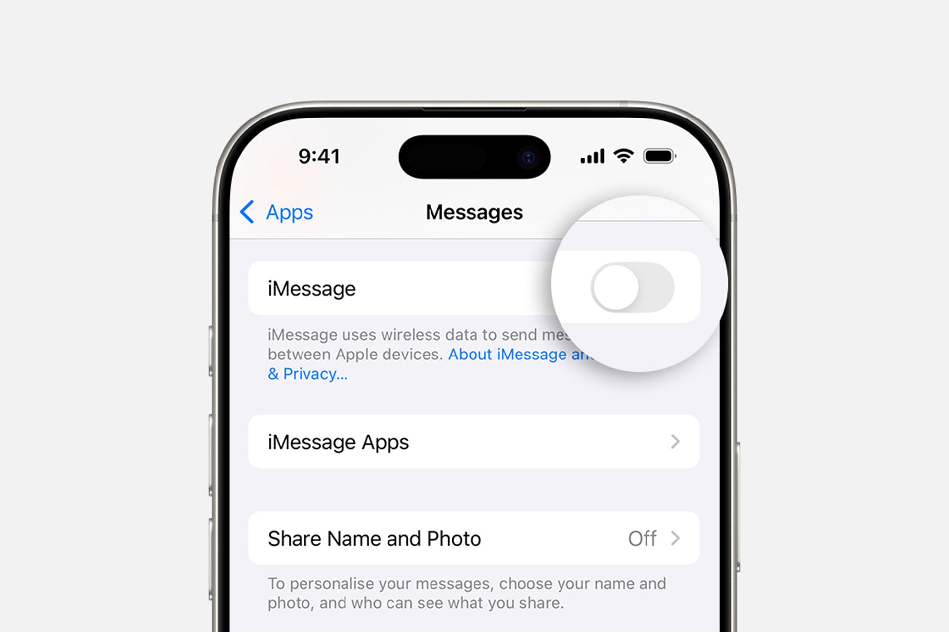 گزینه‌ی خاموش کردن iMessage در تنظیمات آیفون