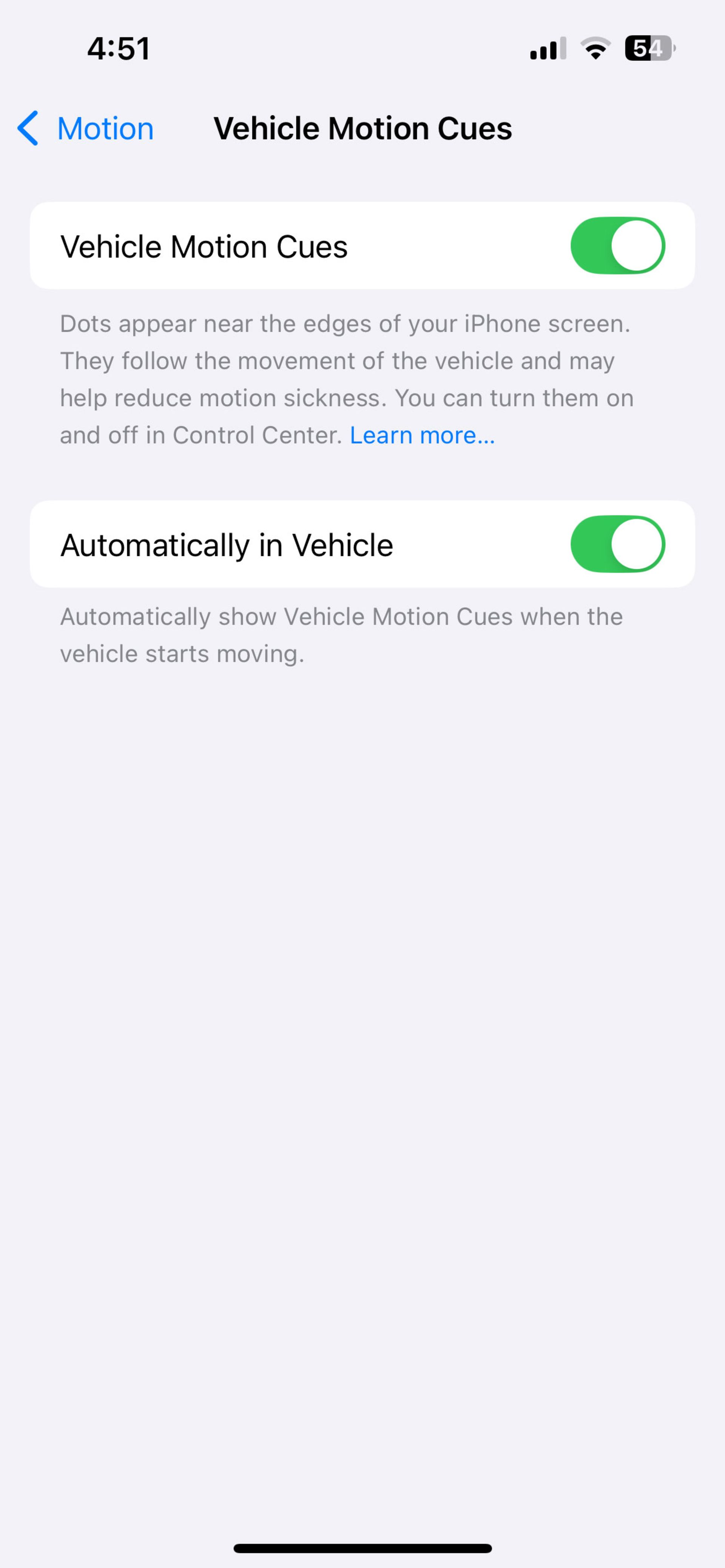منوی Vehicle Motion Clues در تنظیمات آیفون