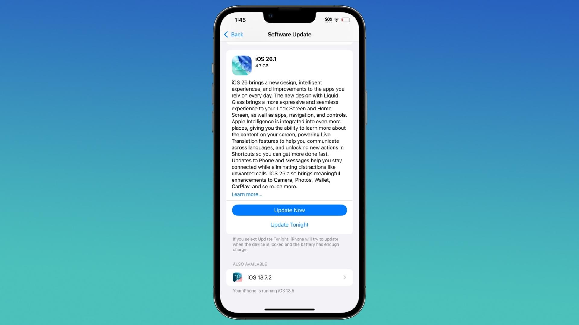 بنر آپدیت iOS 26 در تنظیمات آیفون