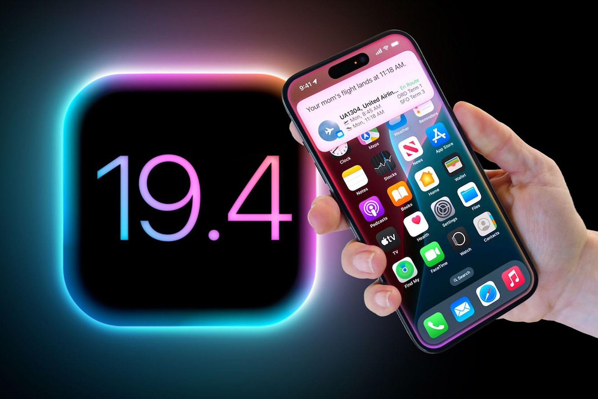 لوگوی سیستم‌عامل iOS 19.4 در کنار گوشی آيفون