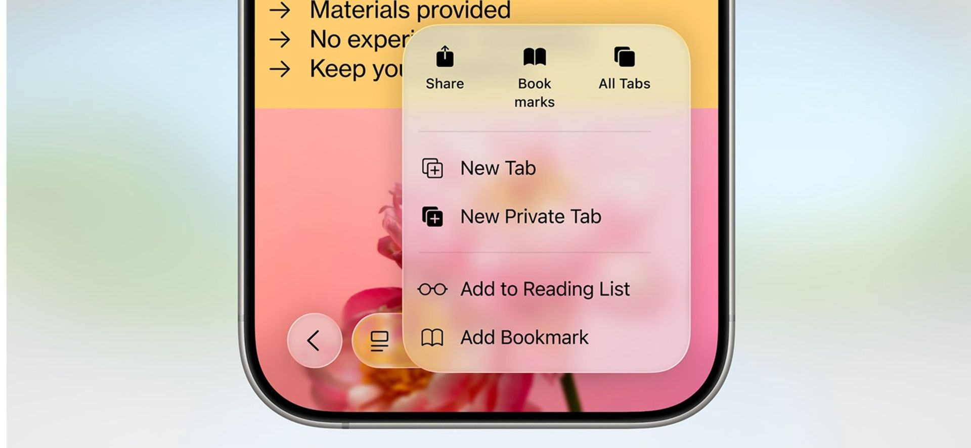 منوی پاپ‌آپ سافاری در iOS 26