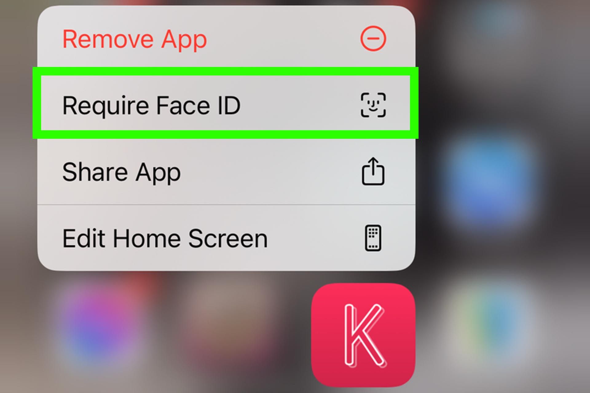 گزینه‌ی Require Face ID در بین موارد Quick Actions