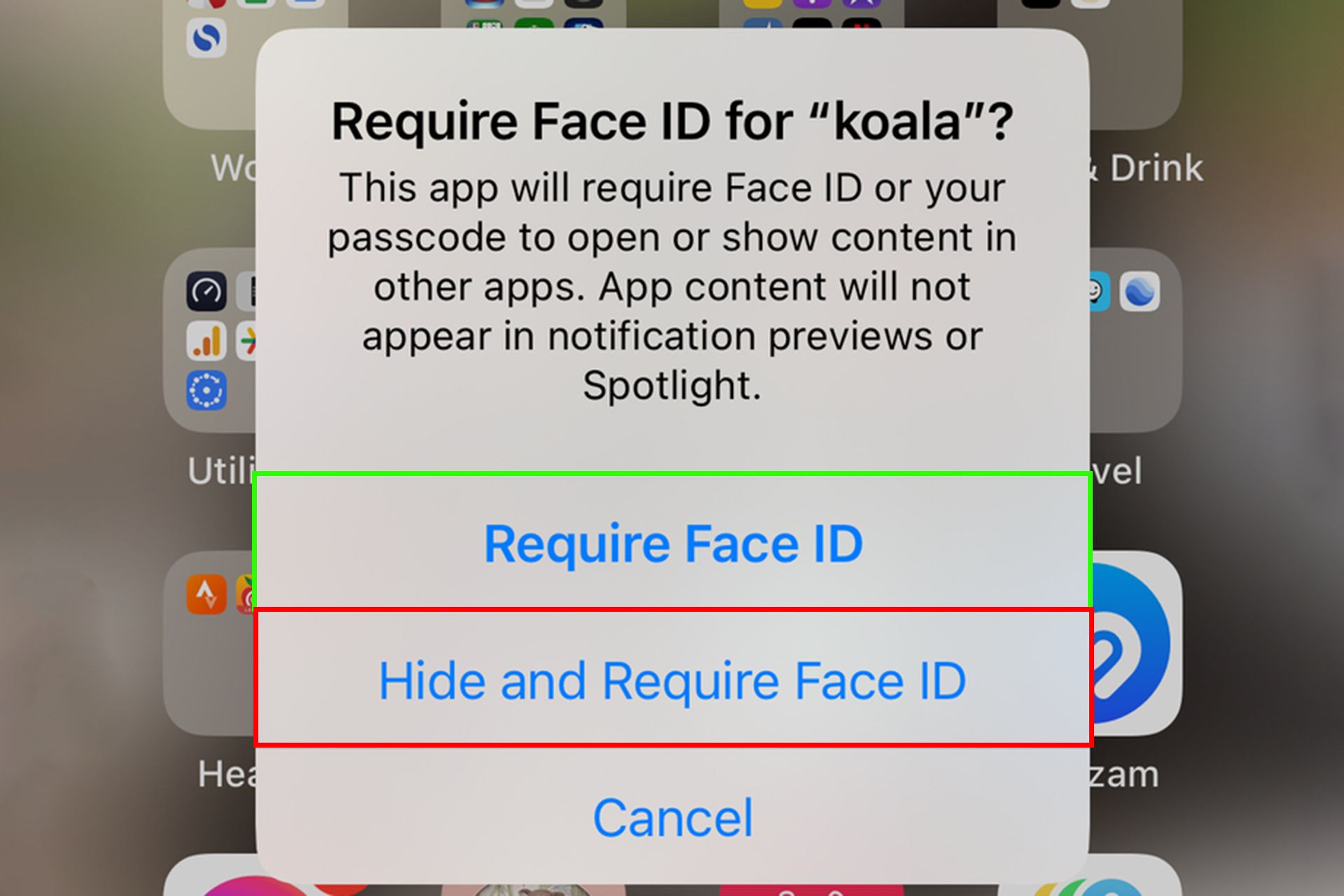 انتخاب گزینه‌ی Require Face ID یا Hide and Require Face ID