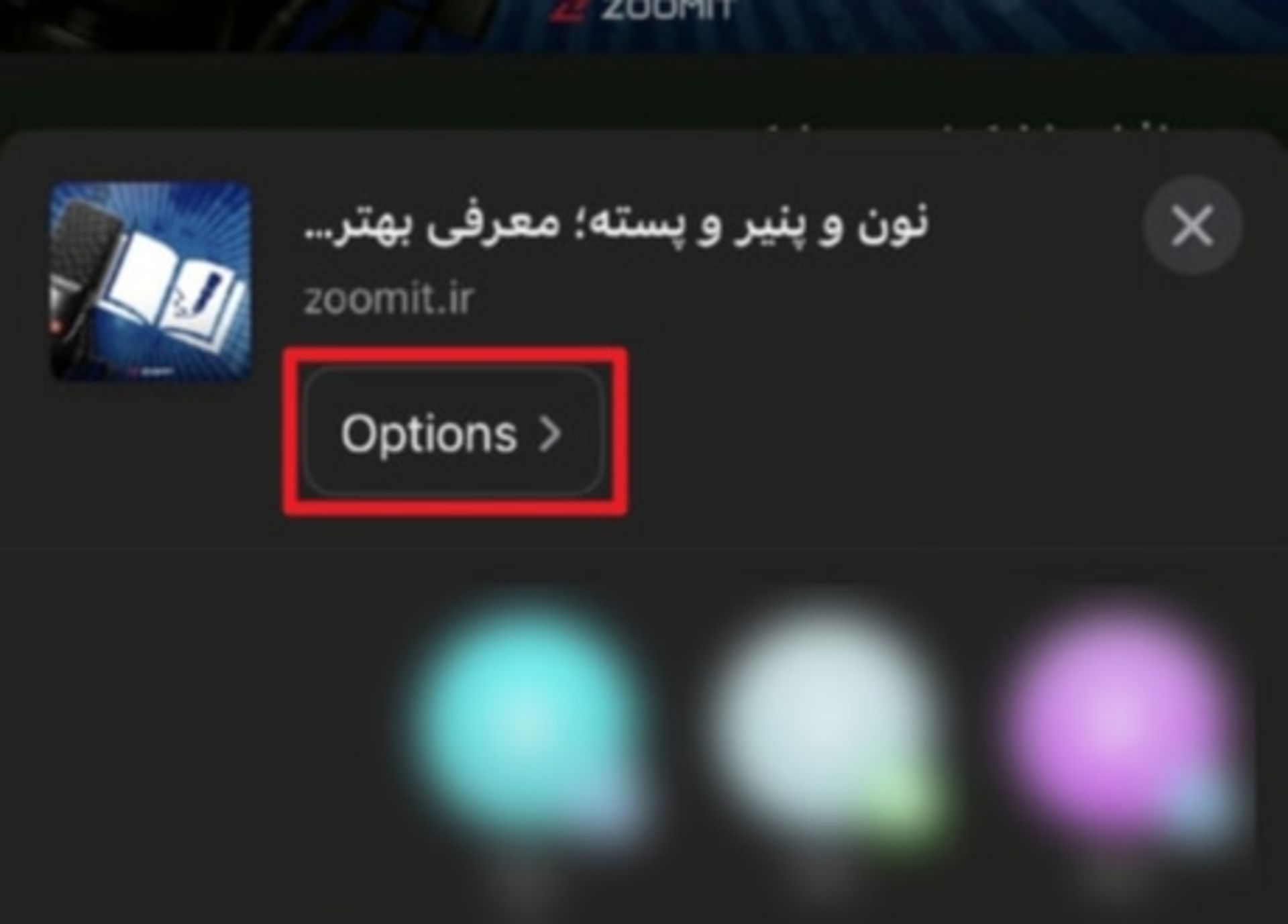 انتخاب گزینه‌‌ی  Options  منوی اشتراک‌گذاری سافاری iOS