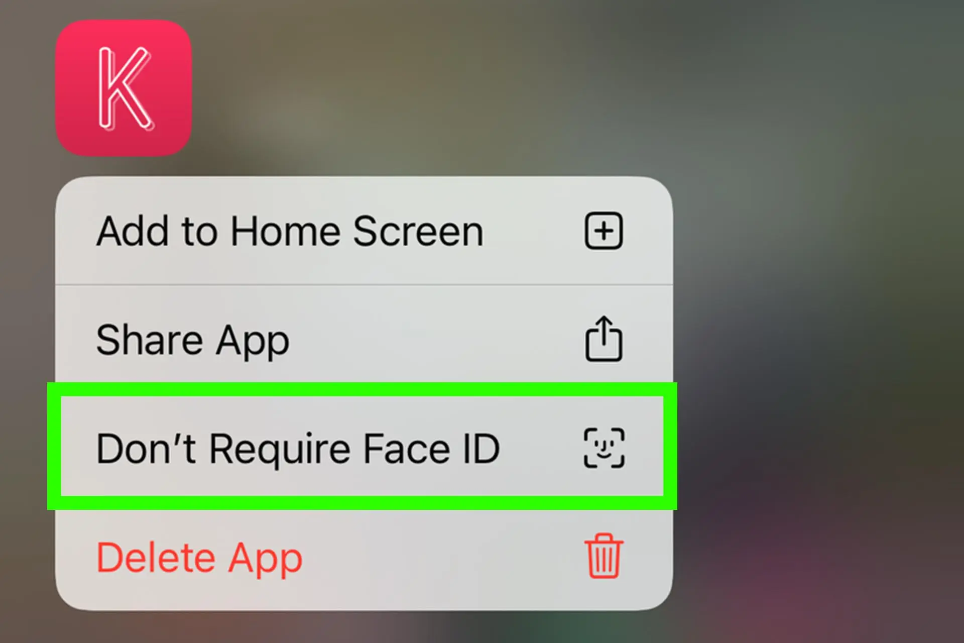 انتخاب گزینه‌ی Don't require face id برای یک اپلیکیشن