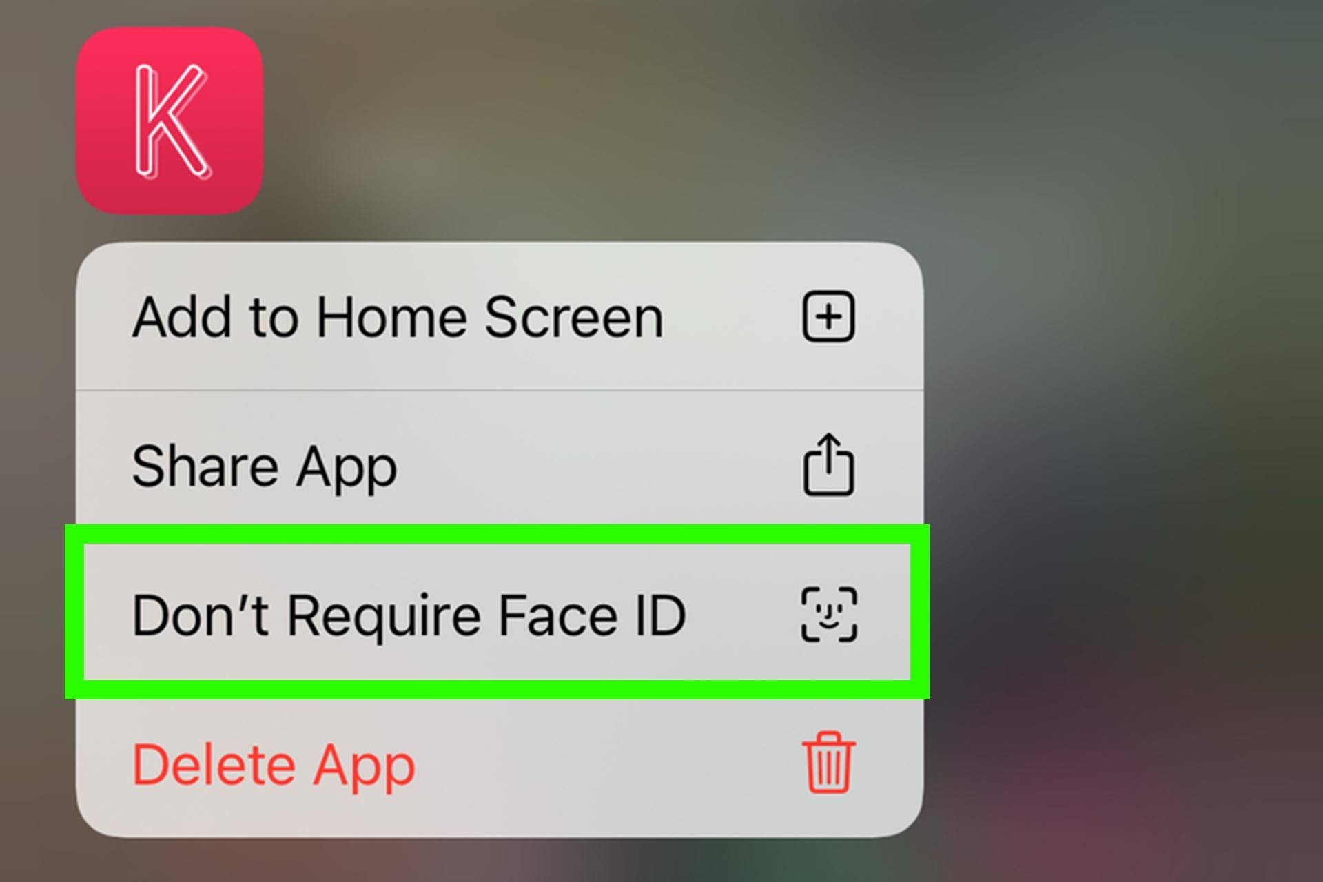 انتخاب گزینه‌ی Don't require face id برای یک اپلیکیشن