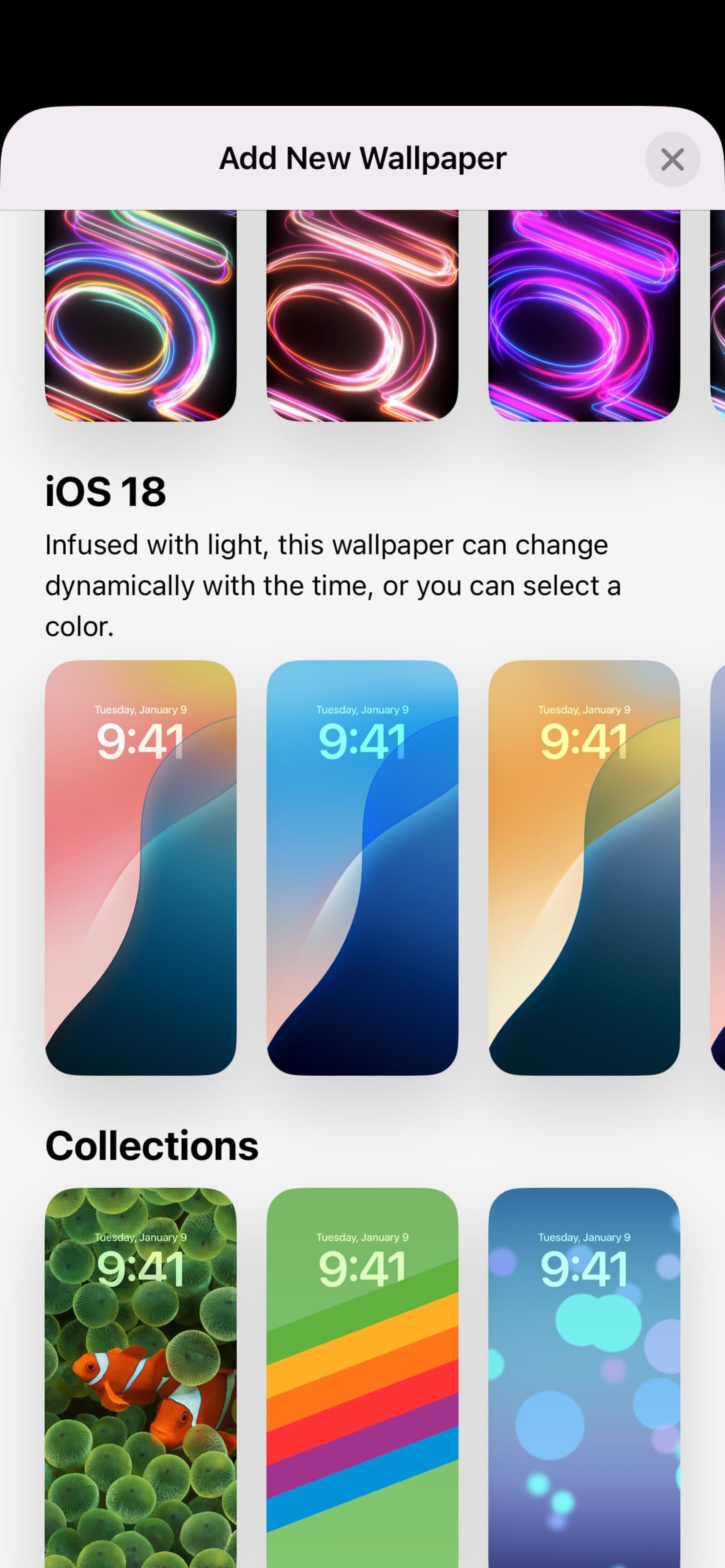 Screenshot of the ios 18 wallpapers page