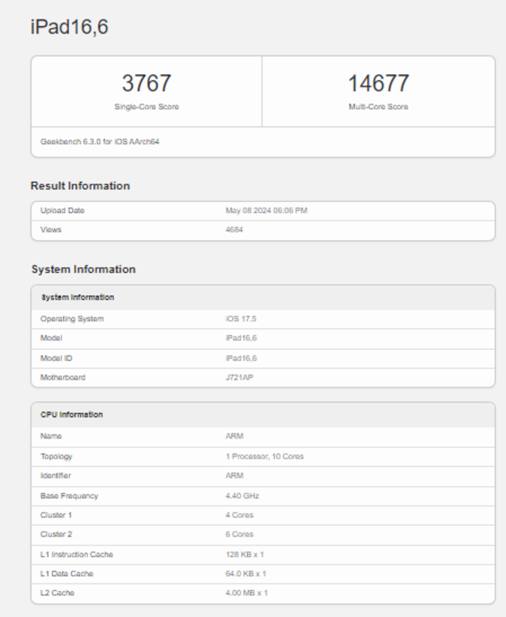 امتیاز آیپد پرو M4 در گیک‌بنچ