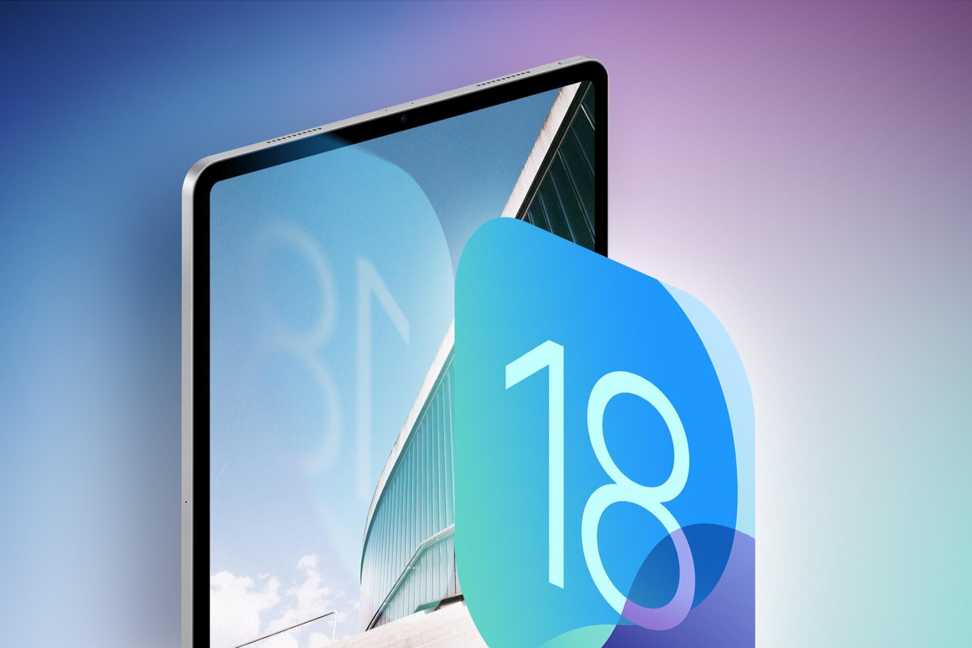 آیپد درحالت ایستاده کنار لوگو iPadOS 18 با زمینه سایه دار رنگ های روشن