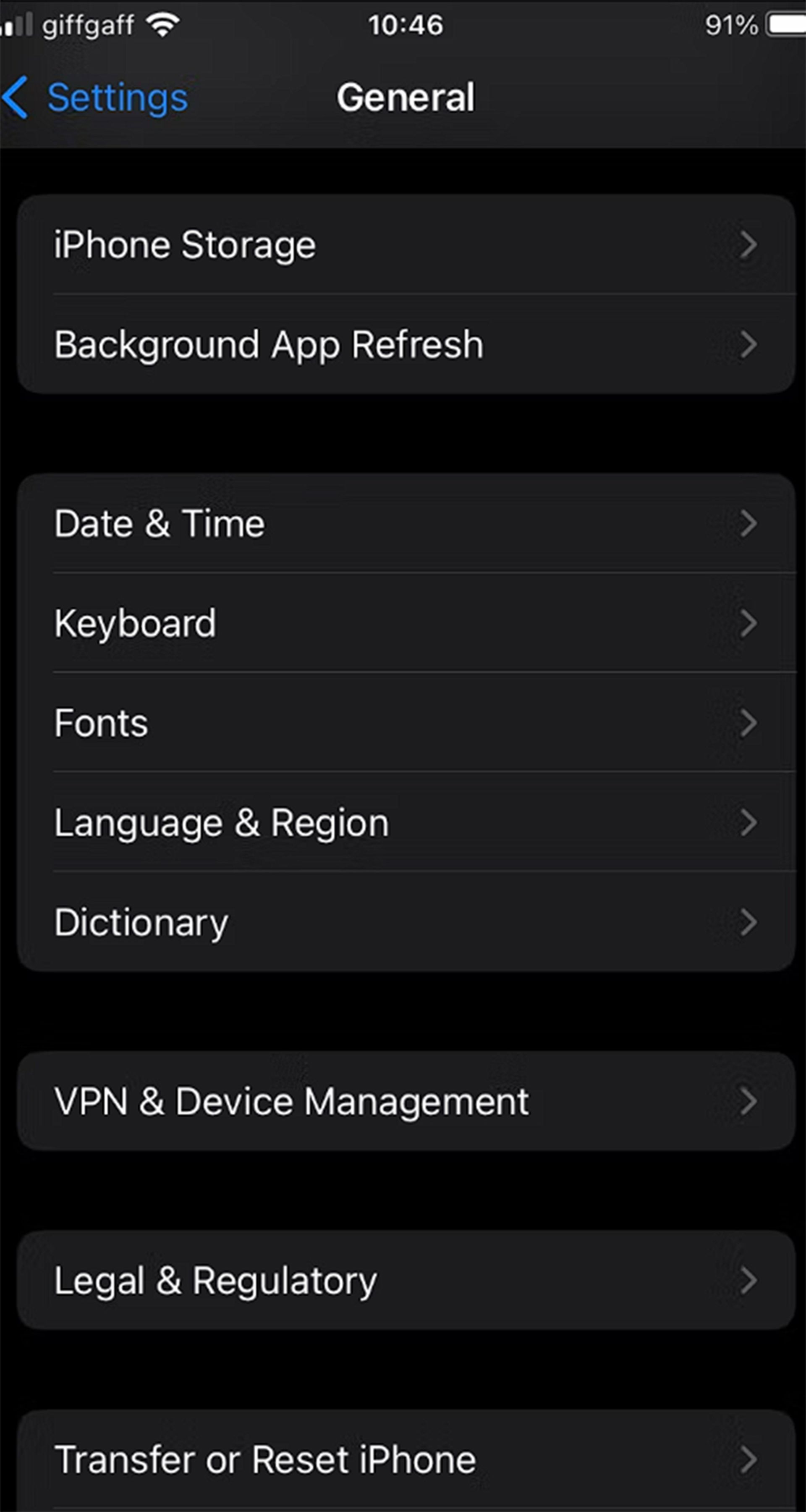 اسکرین شات صفحه تنظیمات عمومی گوشی آیفون 