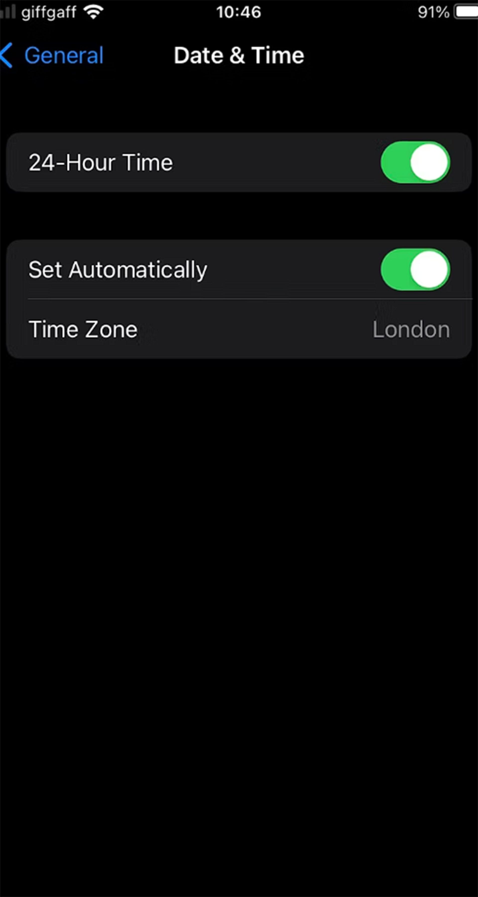 اسکرین شات صفحه تنظیمات ساعت گوشی آیفون 