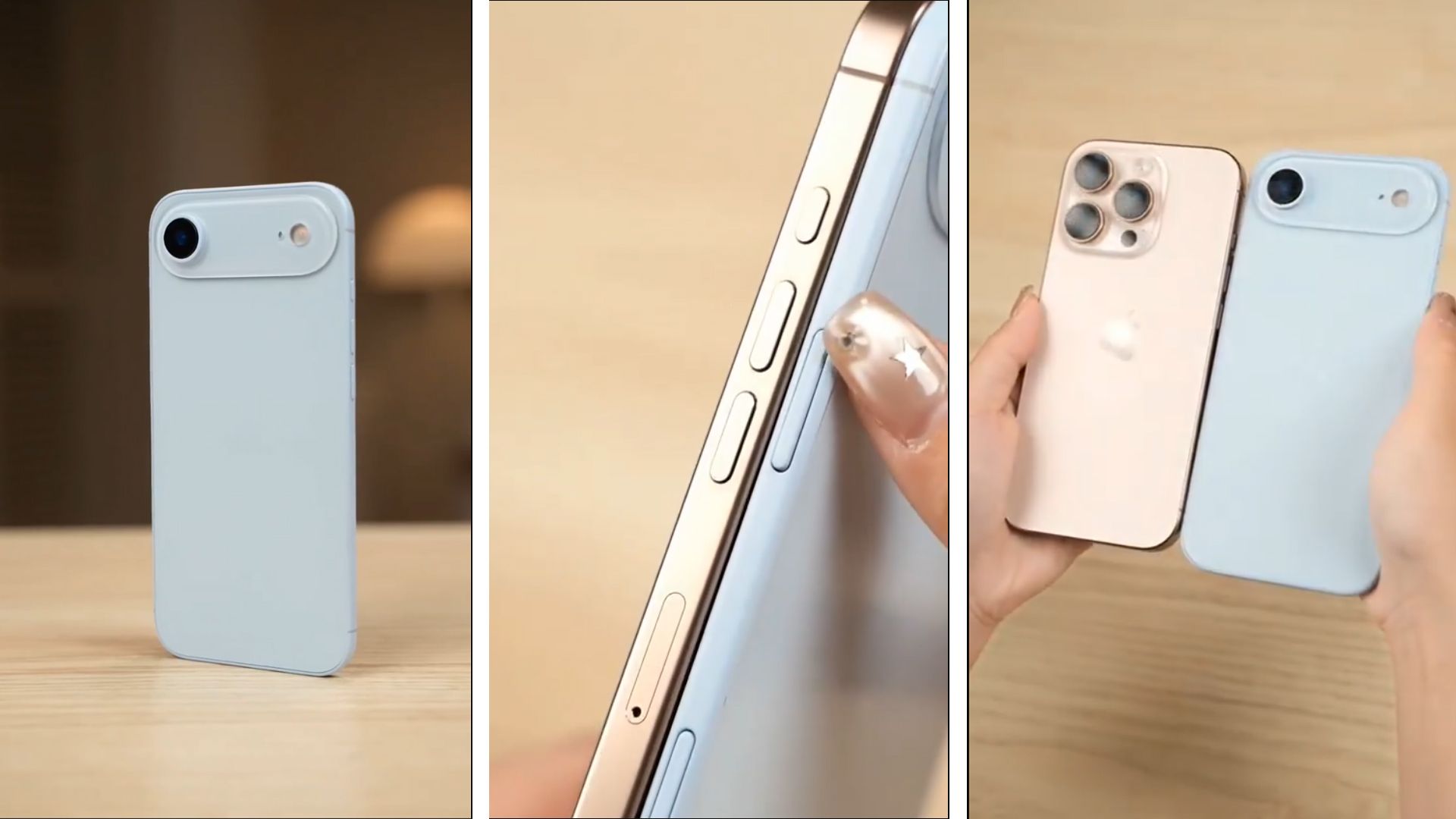 آیفون ۱۷ ایر در رنگ آبی آسمانی کنار آیفون ۱۶ پرو