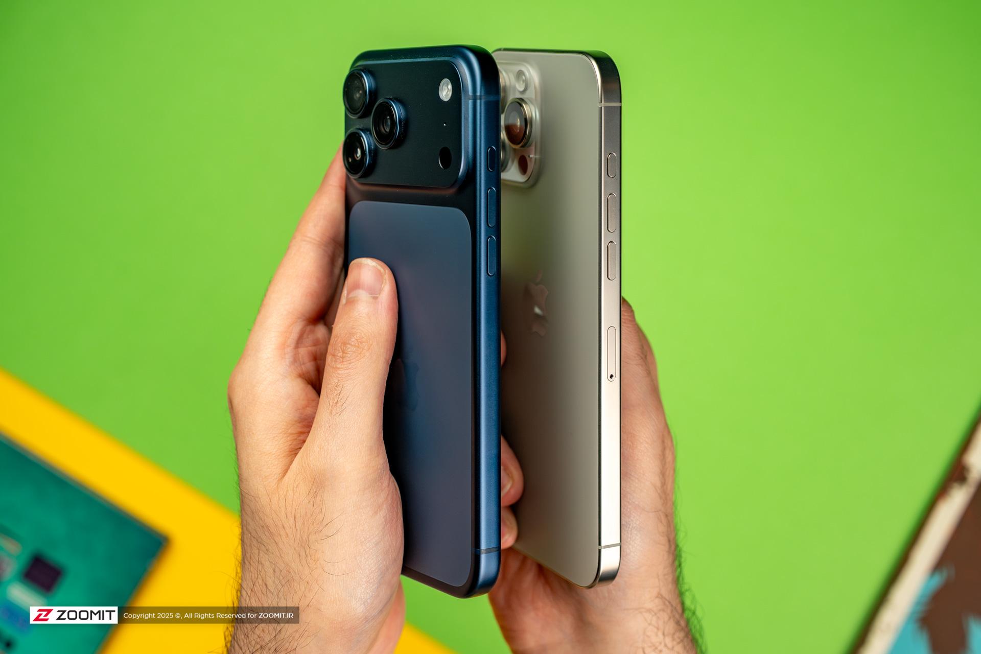 مقایسه ضخامت آیفون ۱۷ پرو مکس / iPhone 17 Pro Max و مدل ۱۶ پرو مکس