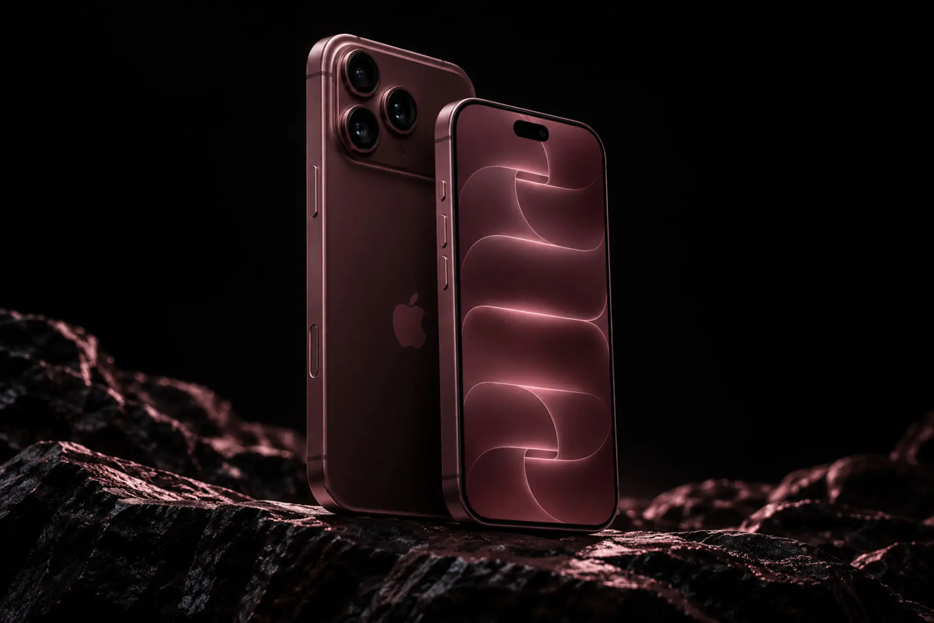 گوشی آیفون ۱۸ پرو مکس (iPhone 18 Pro Max) با بدنه صورتی روی صخره