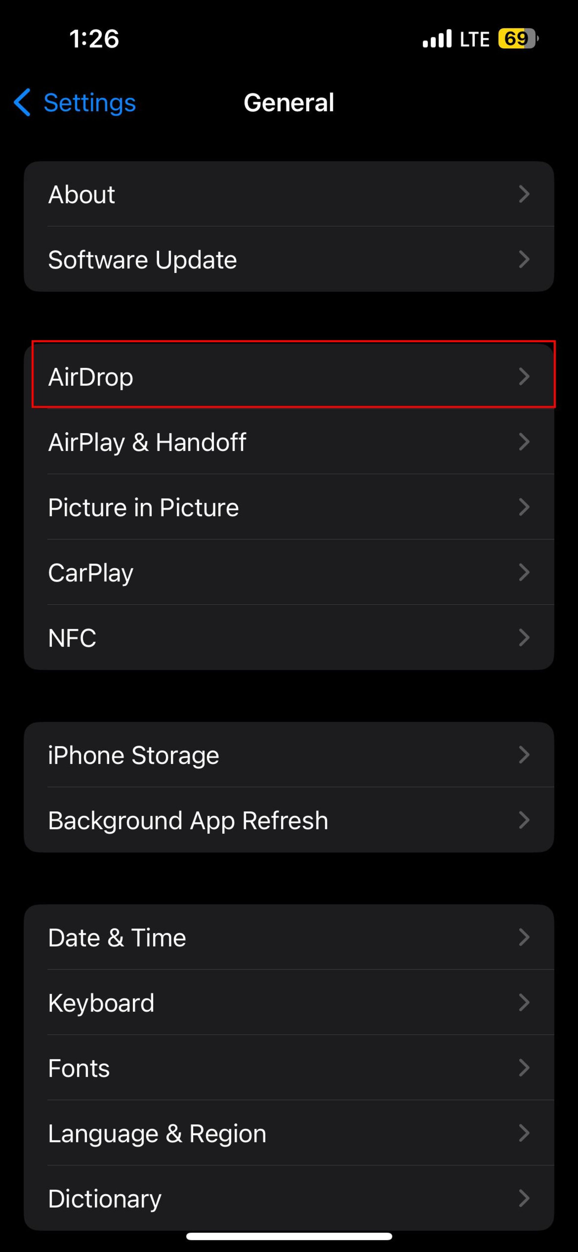 گزینه Airdrop در منوی تنظیمات آیفون