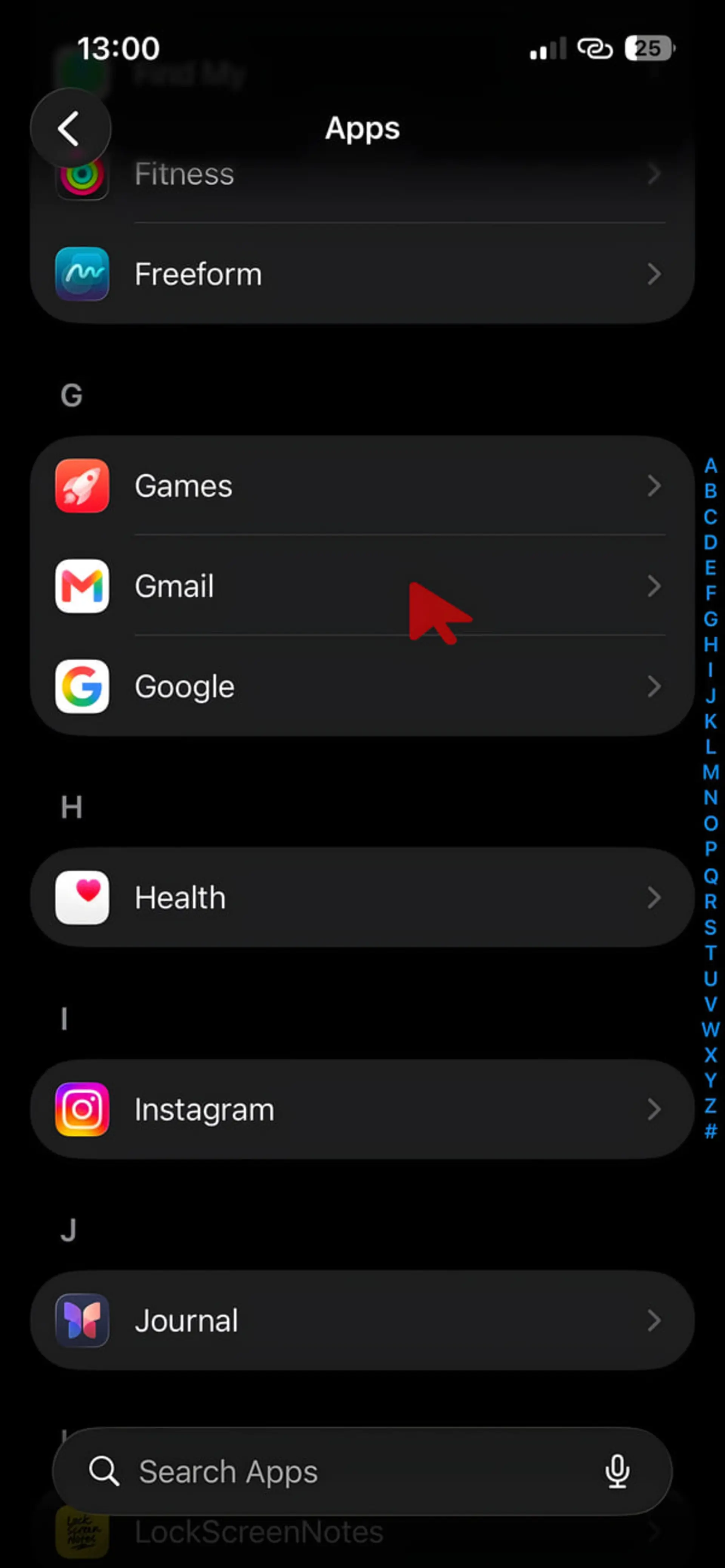 فهرست اپلیکیشنهای گوشی در منوی تنظیمات شامل جیمیل (Gmail) و گوگل