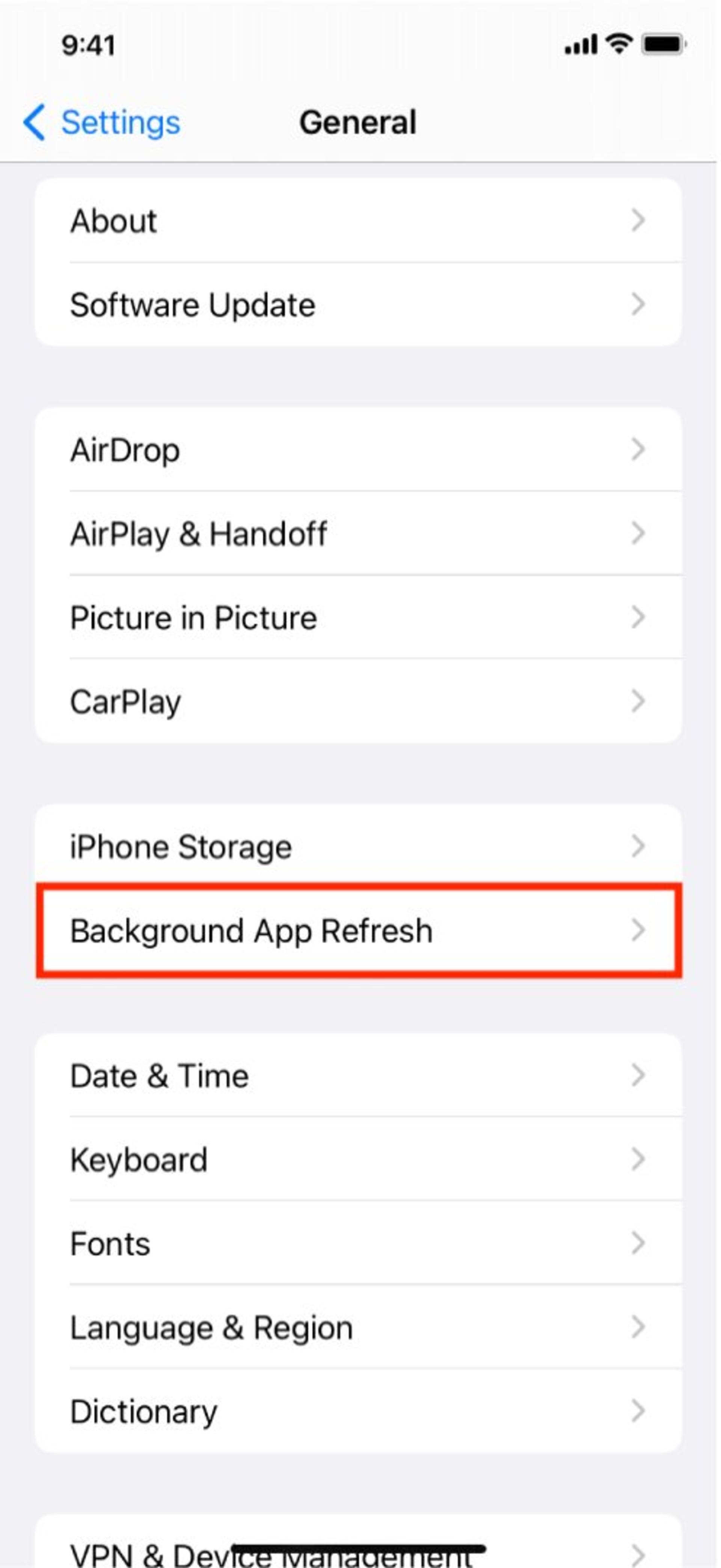 منوی Background App Refresh آیفون