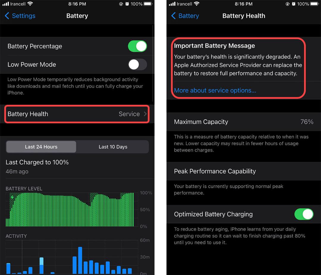 محیط سلامت باتری آیفون در تنظیمات