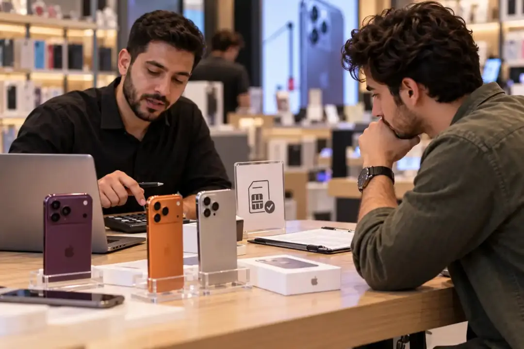 گوشی‌های آیفون (iPhone) روی میز فروشگاه در کنار لپ‌تاپ