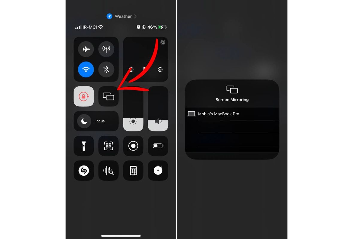 iPhone screen mirroring function in the control center