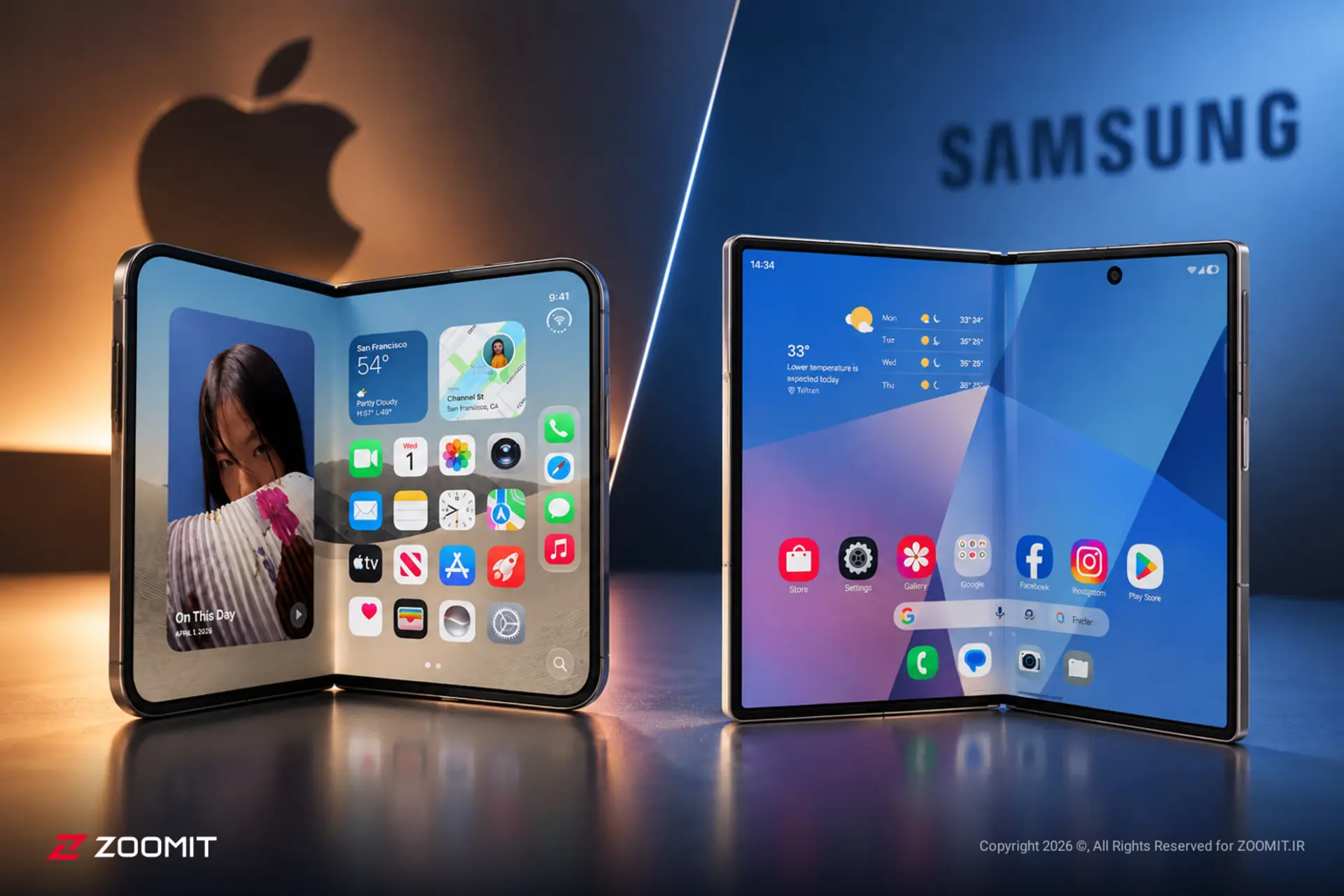 گوشی‌های تاشو آیفون دوئو (iPhone Duo) و گلکسی زد فولد ۸ (Galaxy Z Fold 8) در کنار هم