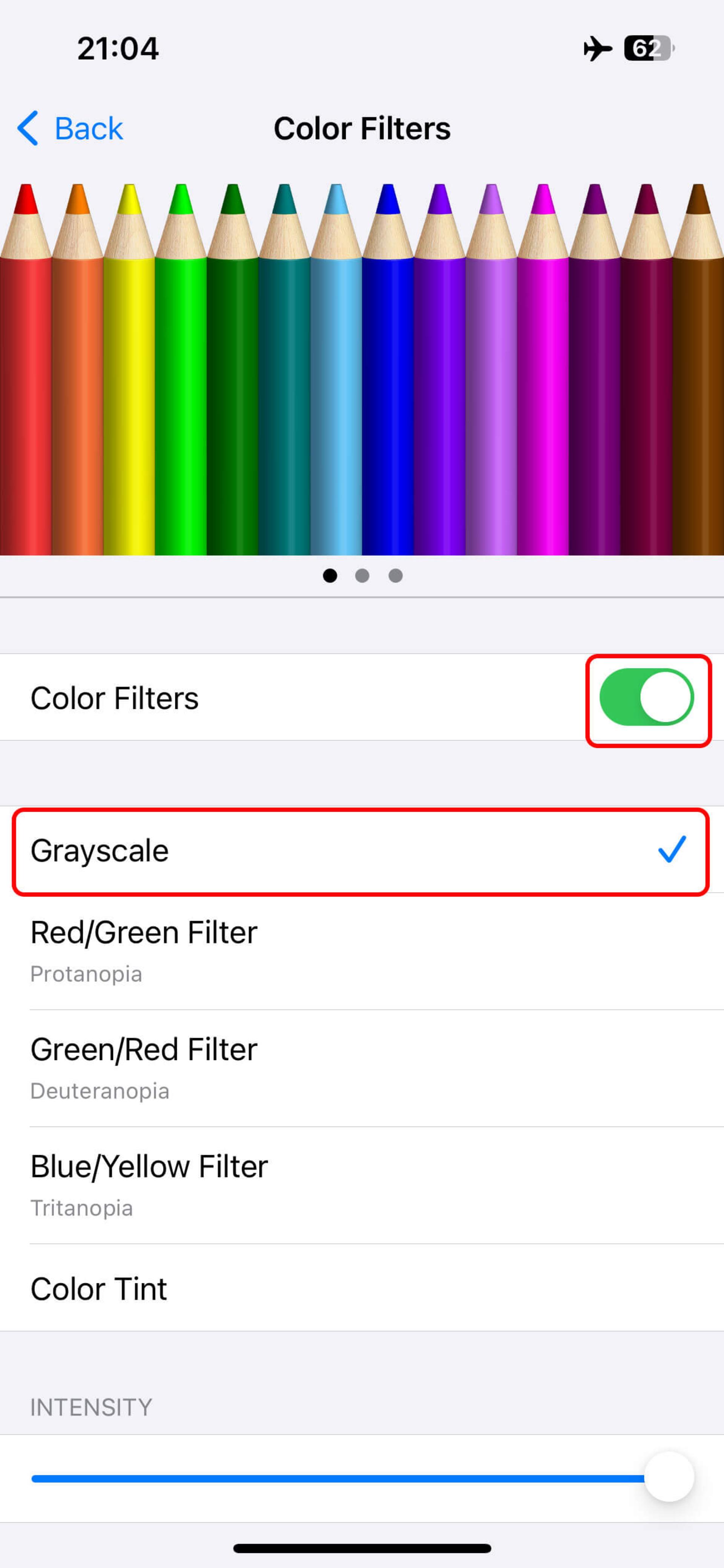 صفحه Color Filters برای فعال کردن فیلتر Grayscale و کاهش حواس پرتی