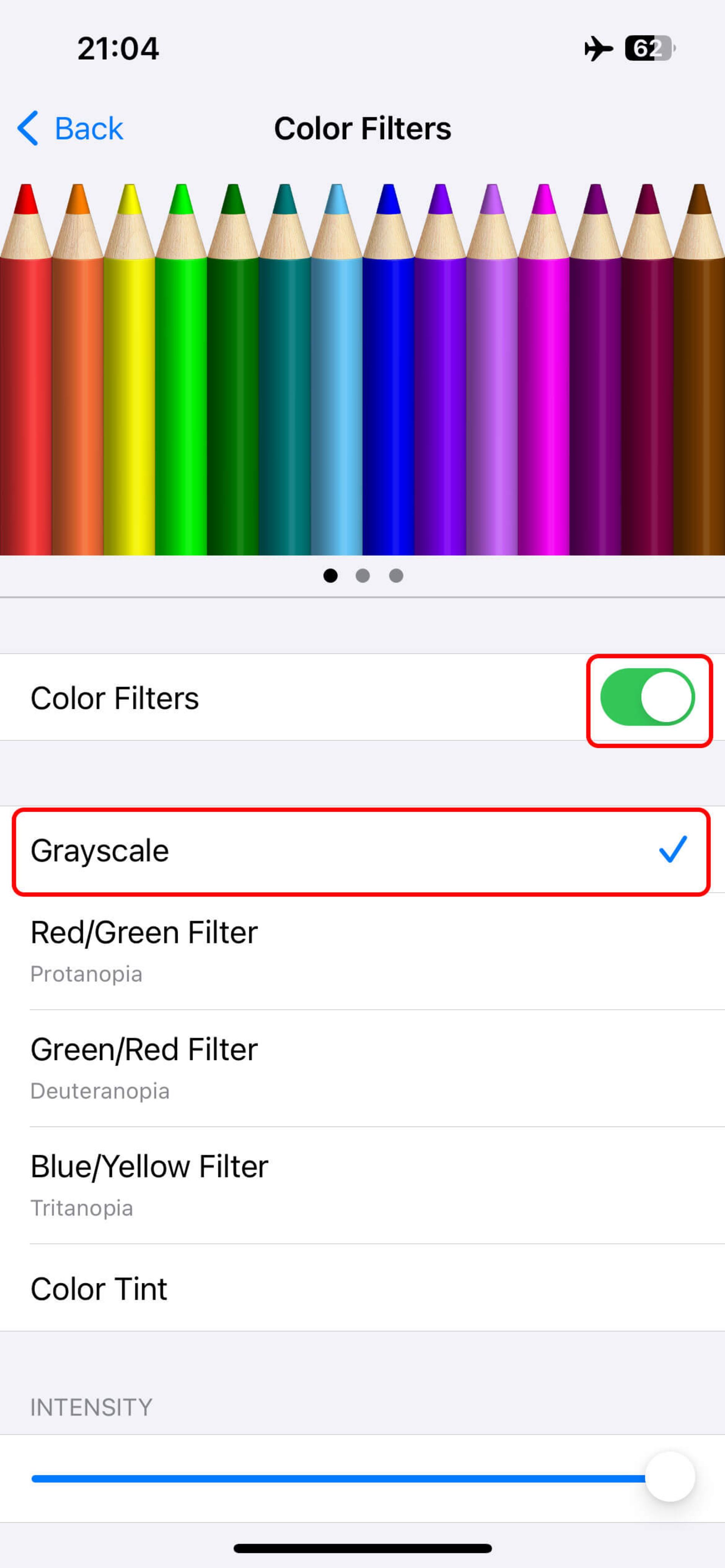 صفحه Color Filters برای فعال کردن فیلتر Grayscale و کاهش حواس پرتی
