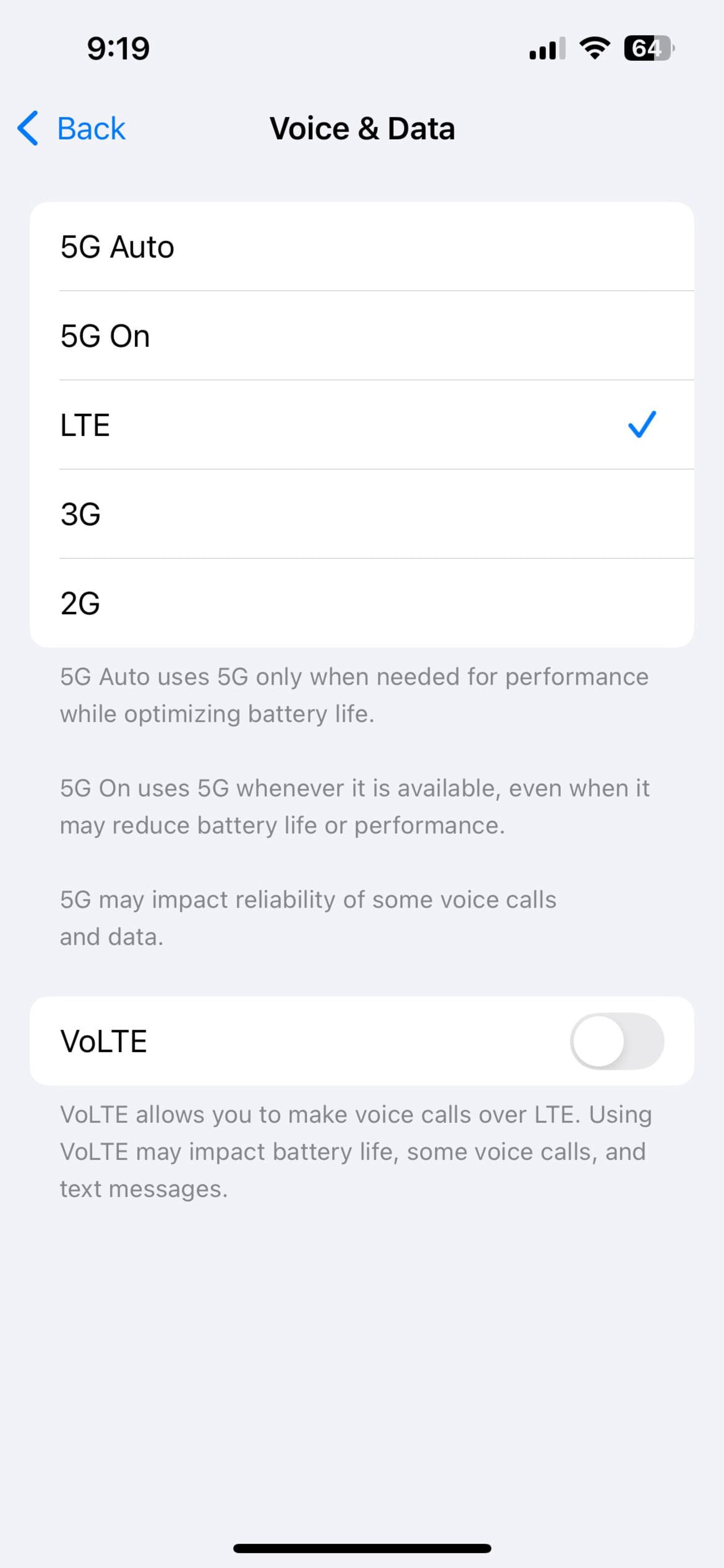 گزینه های Voice & data در آیفون