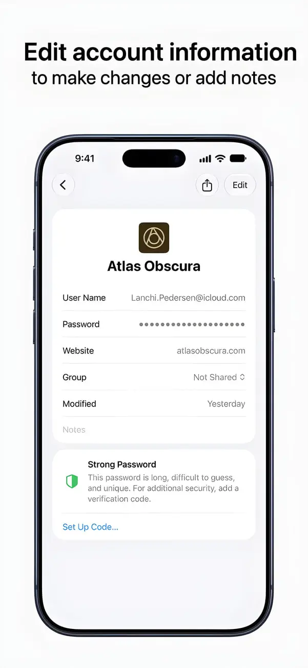 رابط کاربری مدیریت پسورد (Password Manager) در گوشی آیفون برای ویرایش اطلاعات حساب کاربری