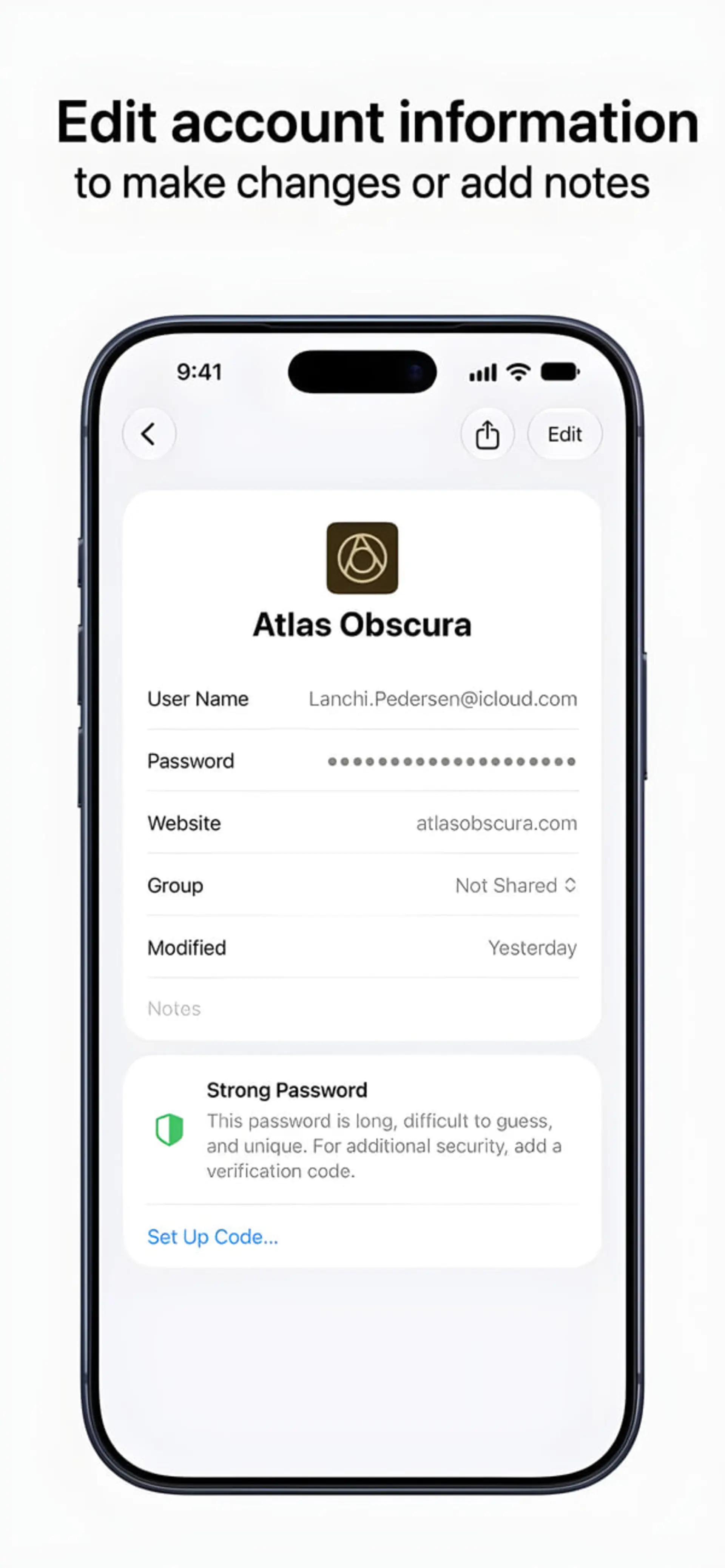 رابط کاربری مدیریت پسورد (Password Manager) در گوشی آیفون برای ویرایش اطلاعات حساب کاربری