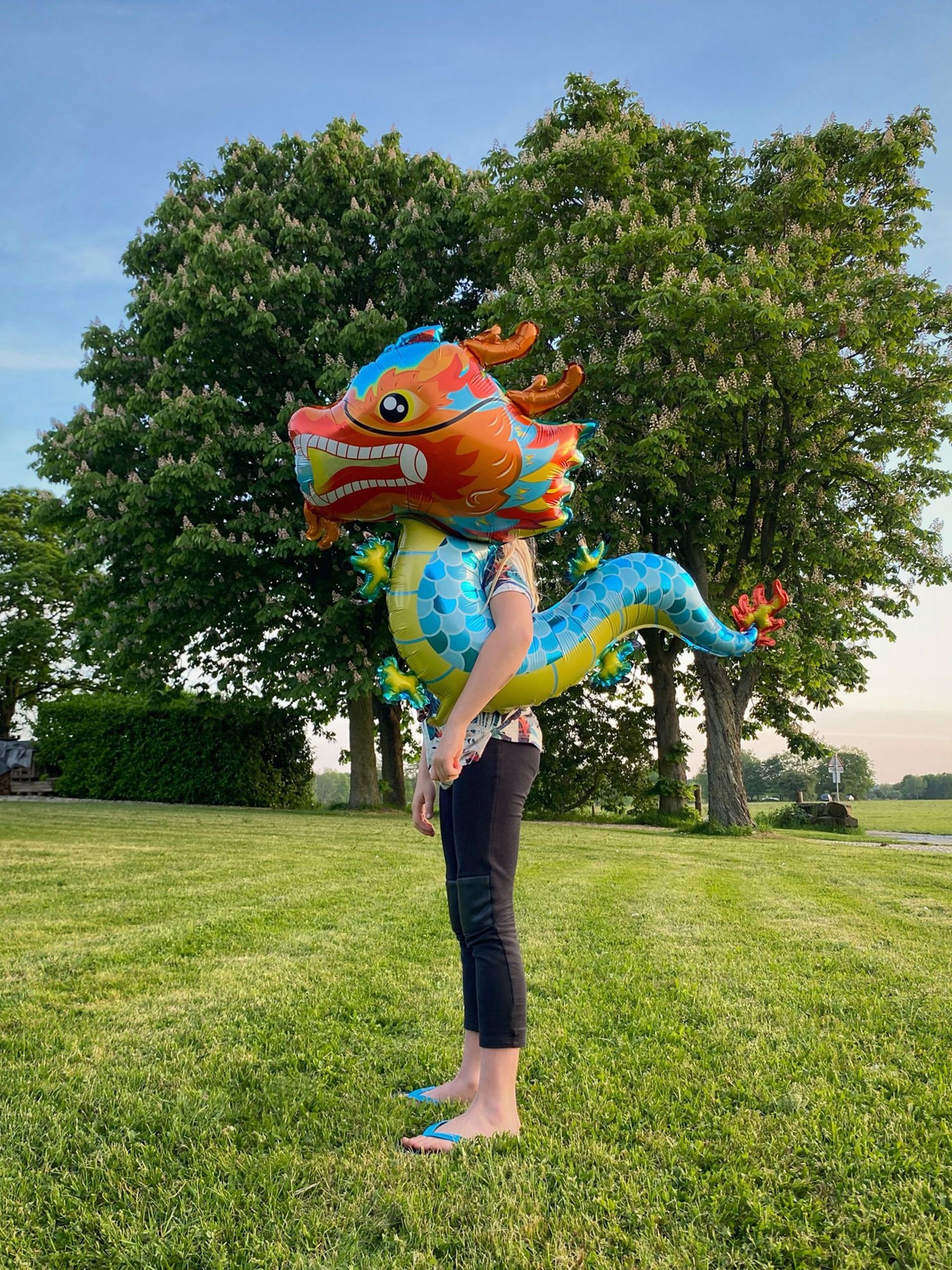 مردی که لباس بادکنکی اژدها پوشیده است در طبیعت