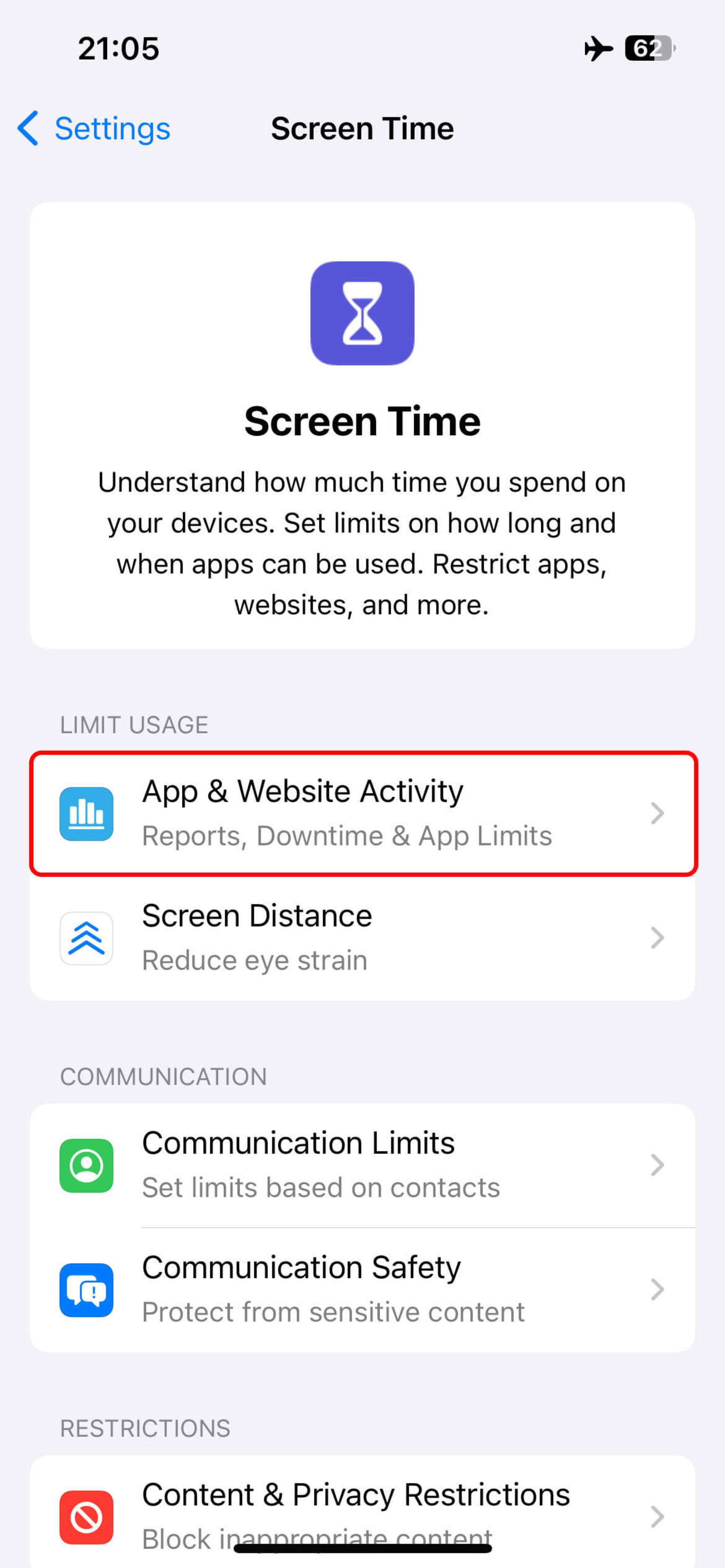 صفحه App & Website Activity آیفون