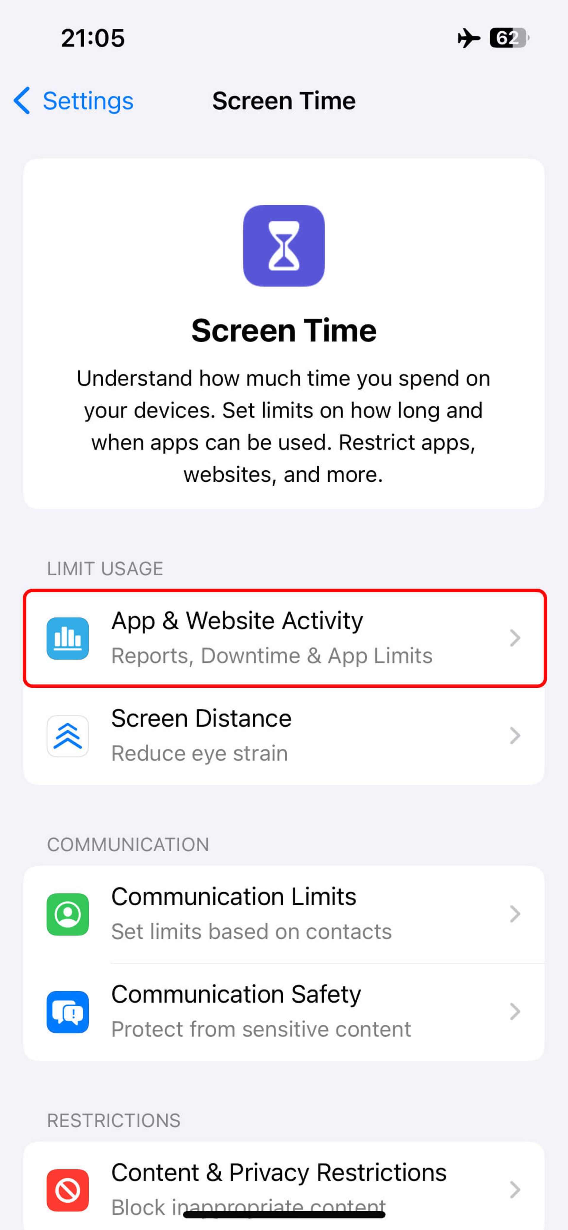 صفحه App & Website Activity آیفون